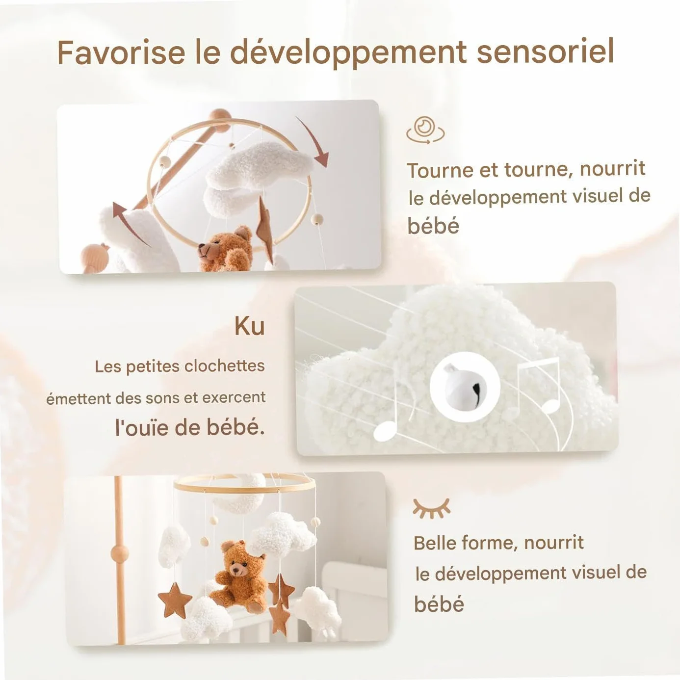 Mobile Pour Lit Bébé Décor Étoile Ours Tourne 360° pour Fille Garçon Berceau
