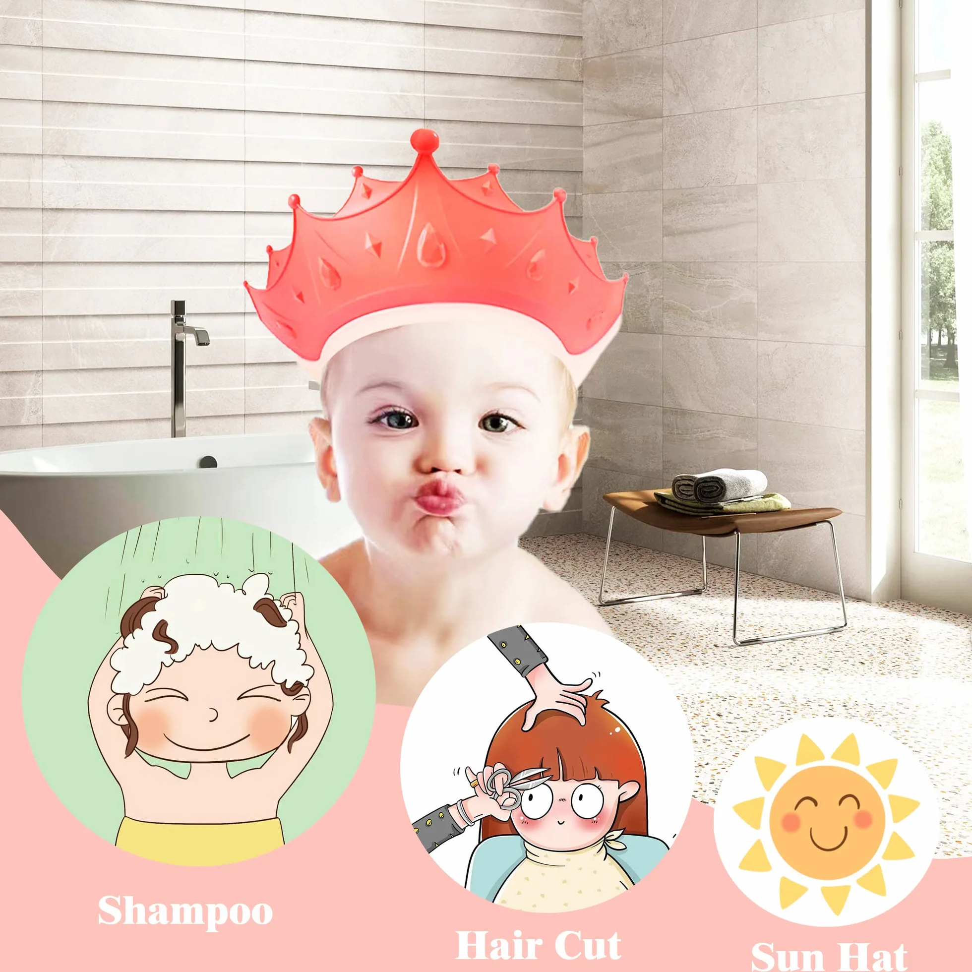 Casquette de Bain Bébé Réglable Visière Bonnets de Bain 0-9 Ans Rose