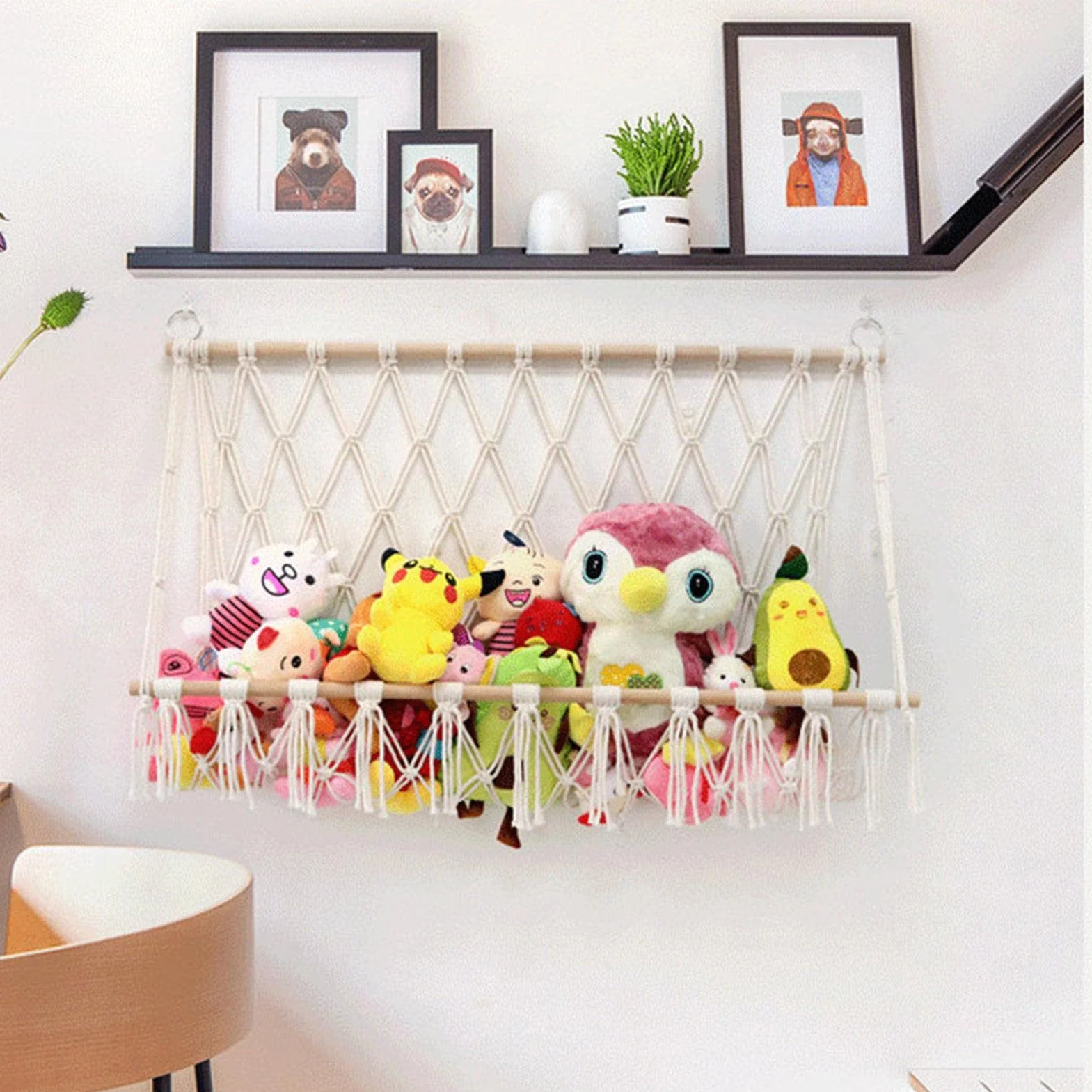 Jouet Hamac pour Animaux en Peluche 100cm Rangement en Maille Boho Macrame Suspendu au Mur