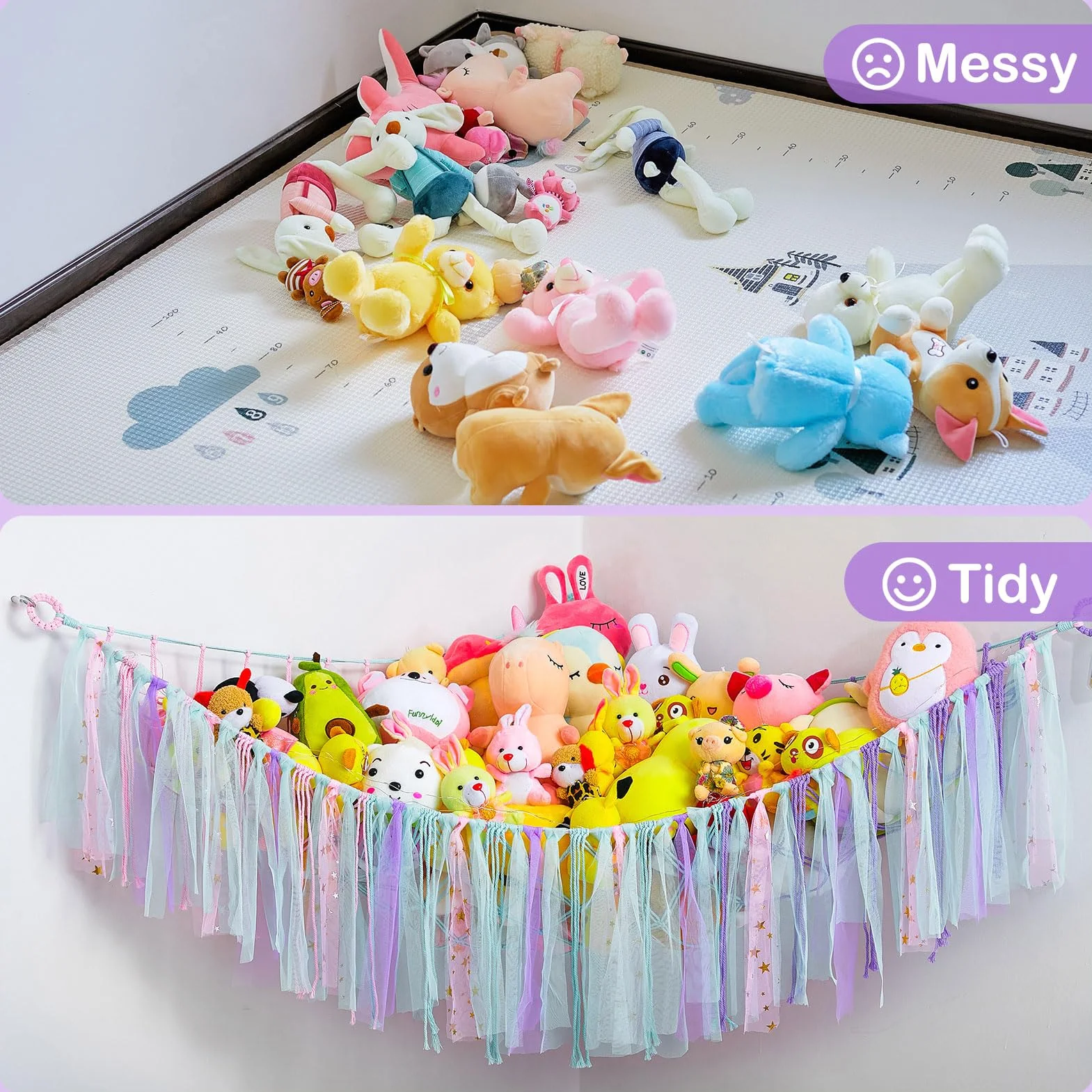 Hamac pour jouets en peluche - Filet de rangement suspendu avec lumière LED - Organiseur en macramé tissé à la main