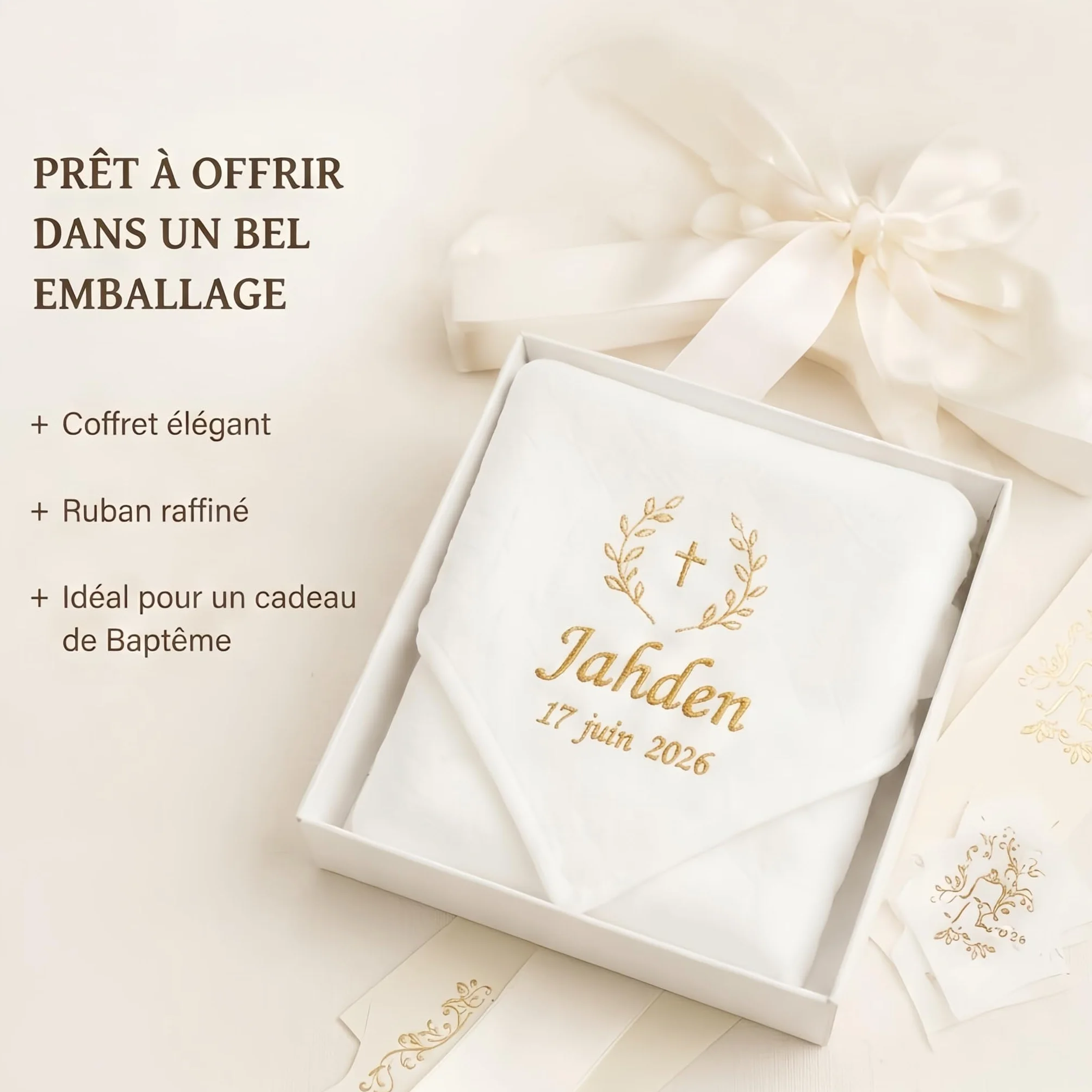 Couverture de Baptême Bébé Personnalisée en Coton Gaze Doux, Broderie Élégante, Style Français – Coffret Cadeau