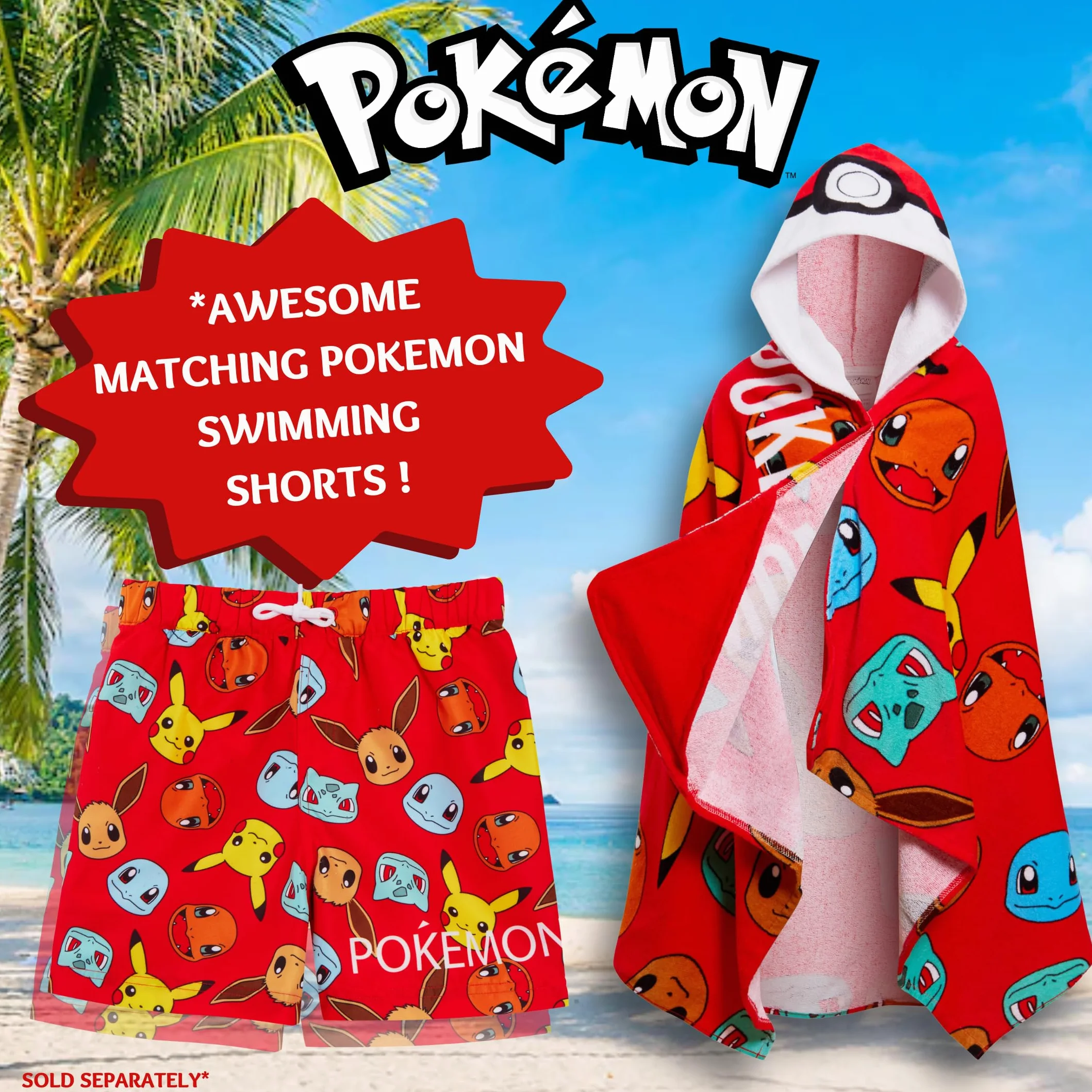 Pokémon Serviette à Capuche 100% Coton Enfants Poncho Pokeball Pikachu Plage Bain Wrap