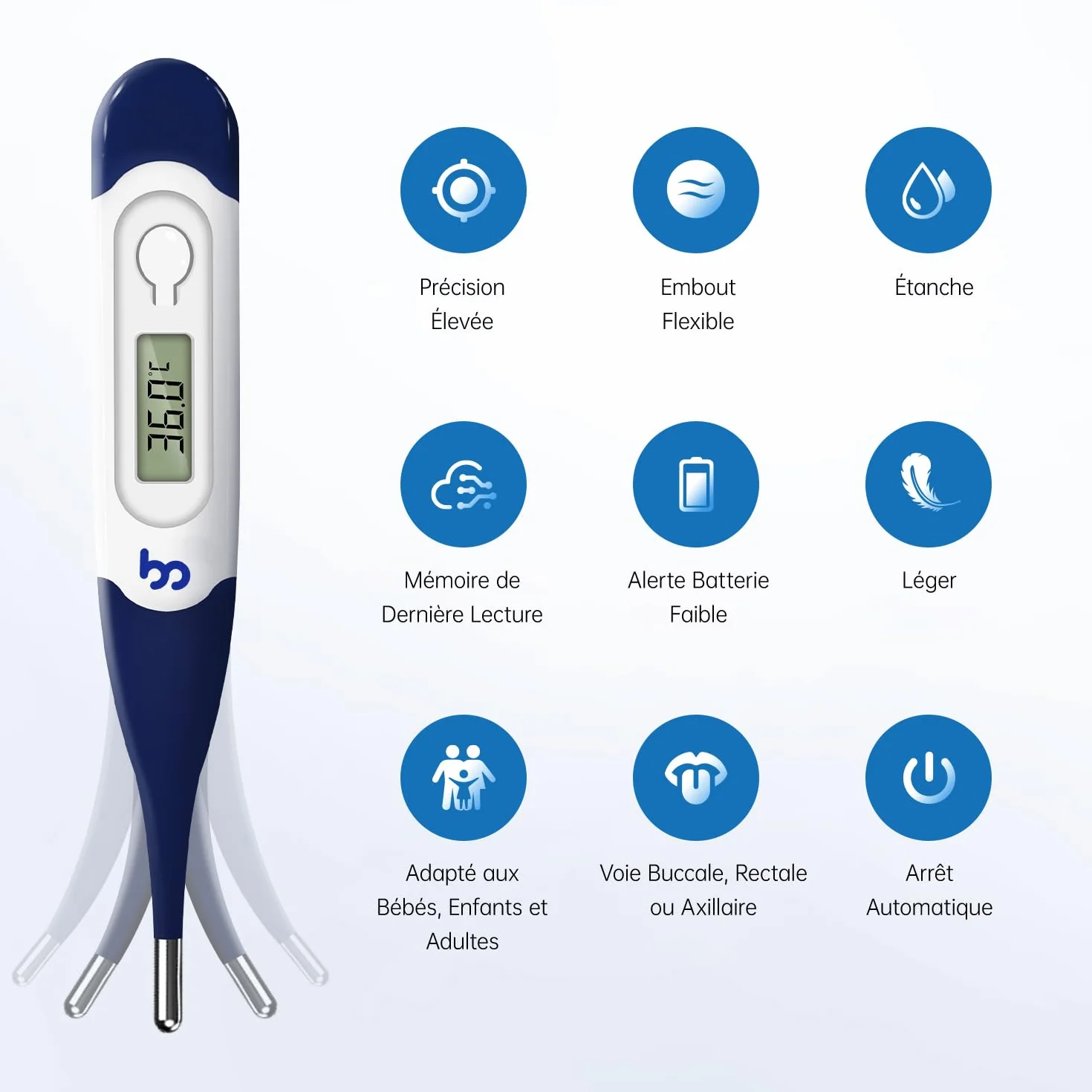 Thermomètre Numérique à Embout Flexible pour Bébés Enfants Adultes Mesure Rapide Précise Buccale Axillaire Rectale