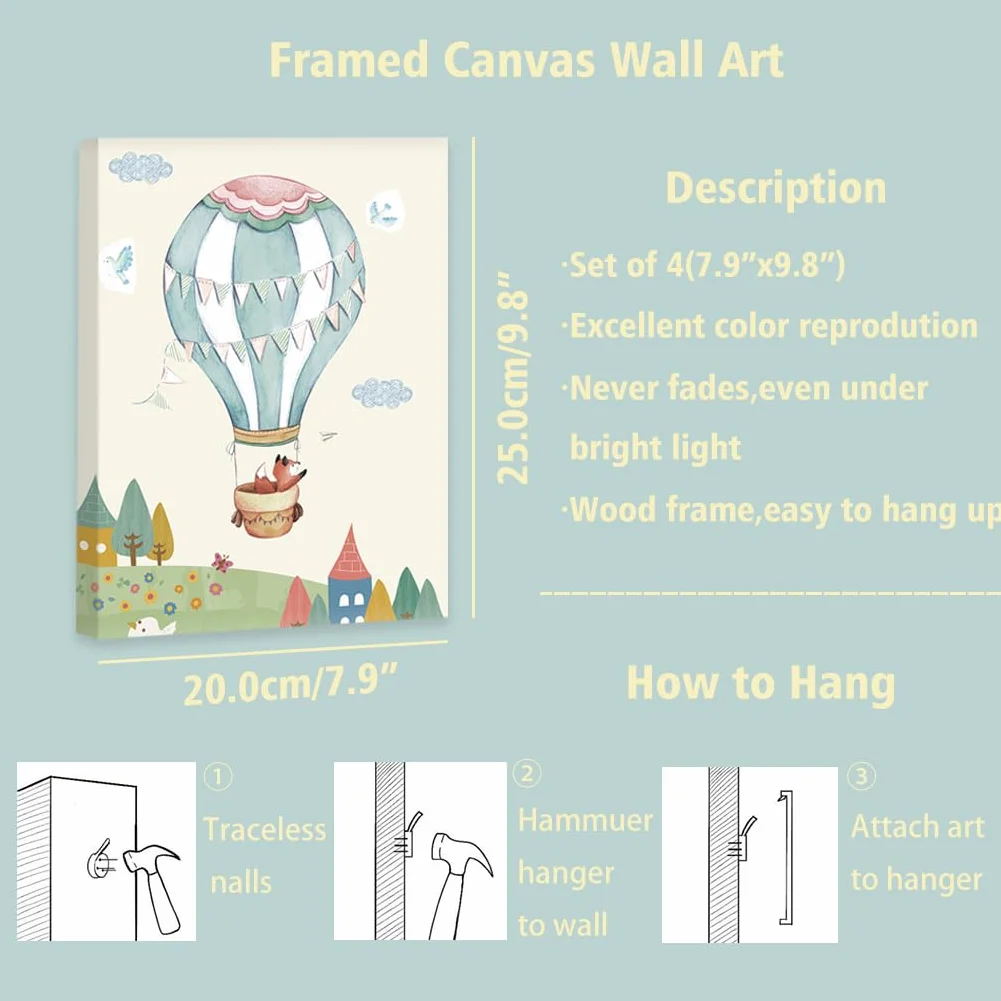 KAIRNE Lot de 4 posters animaux avec cadre 20x25 cm motifs avion montgolfière tableaux muraux chambre bébé