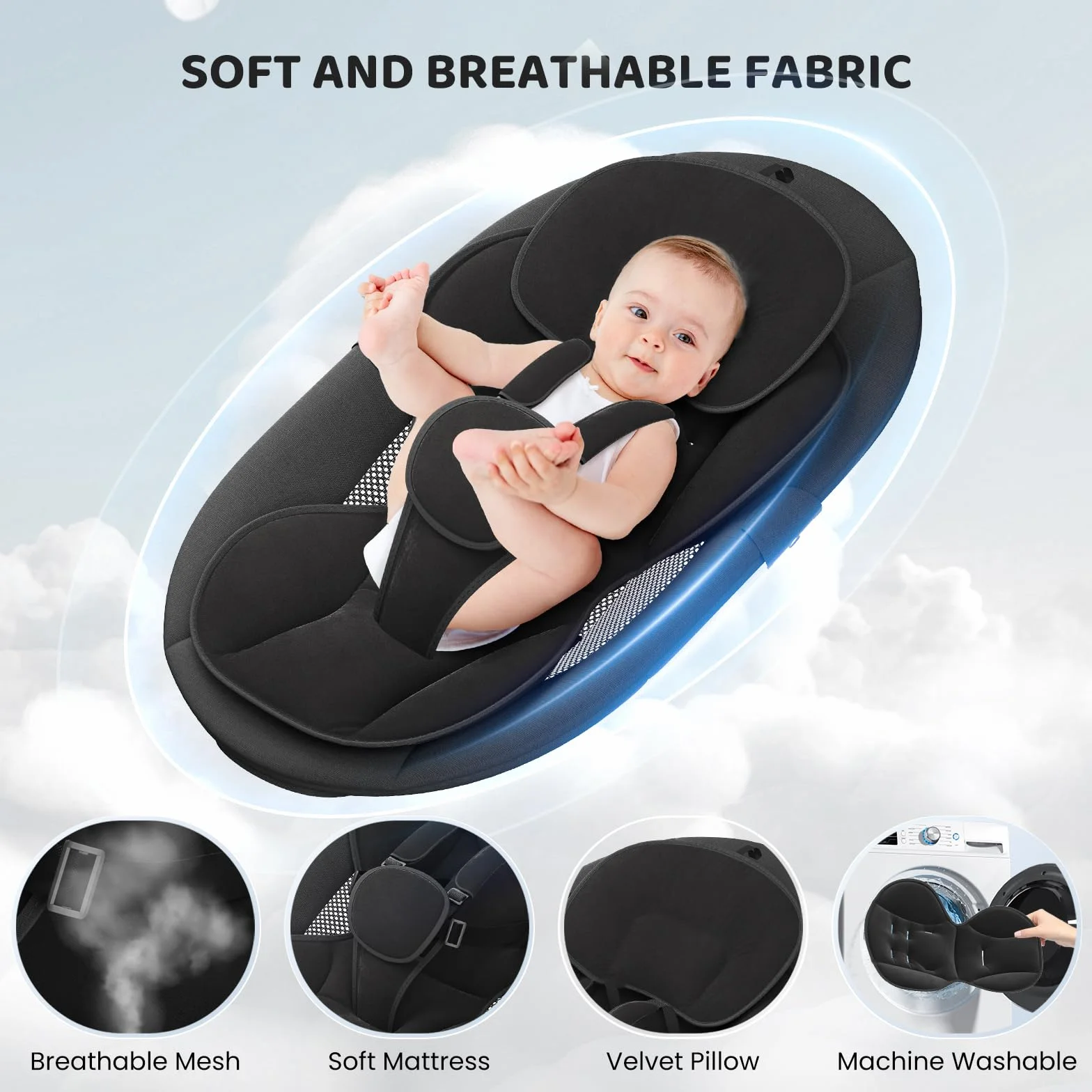 Transat Bébé Électrique avec APP & Télécommande, Balancelle Bébé 5 Vitesses, 10 Musiques, Bluetooth Noir
