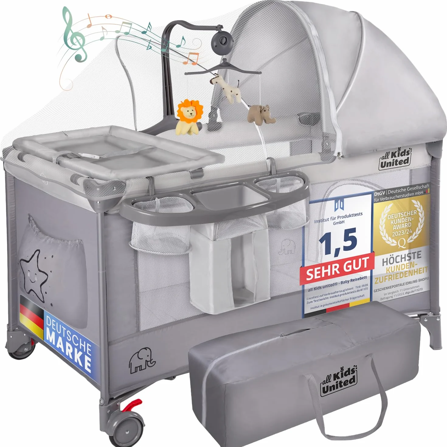 Lit de Voyage pour Bébé Deluxe all Kids United avec Matelas à Langer et Mobile Gris