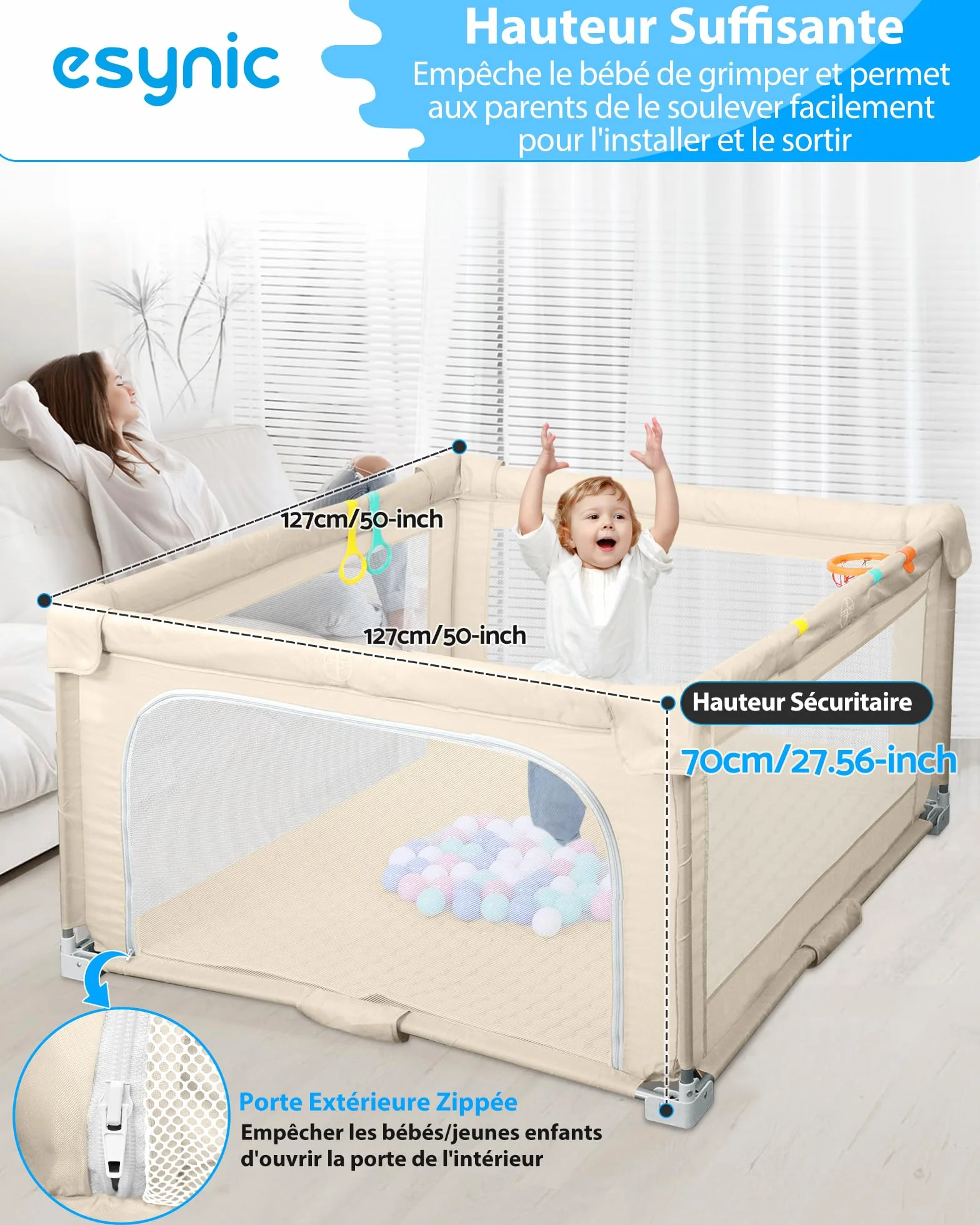 eSynic Parc Bébé Pliable 127 × 127 cm avec Tapis Sac de Rangement Balle Océanique Panier de Basket - Beige