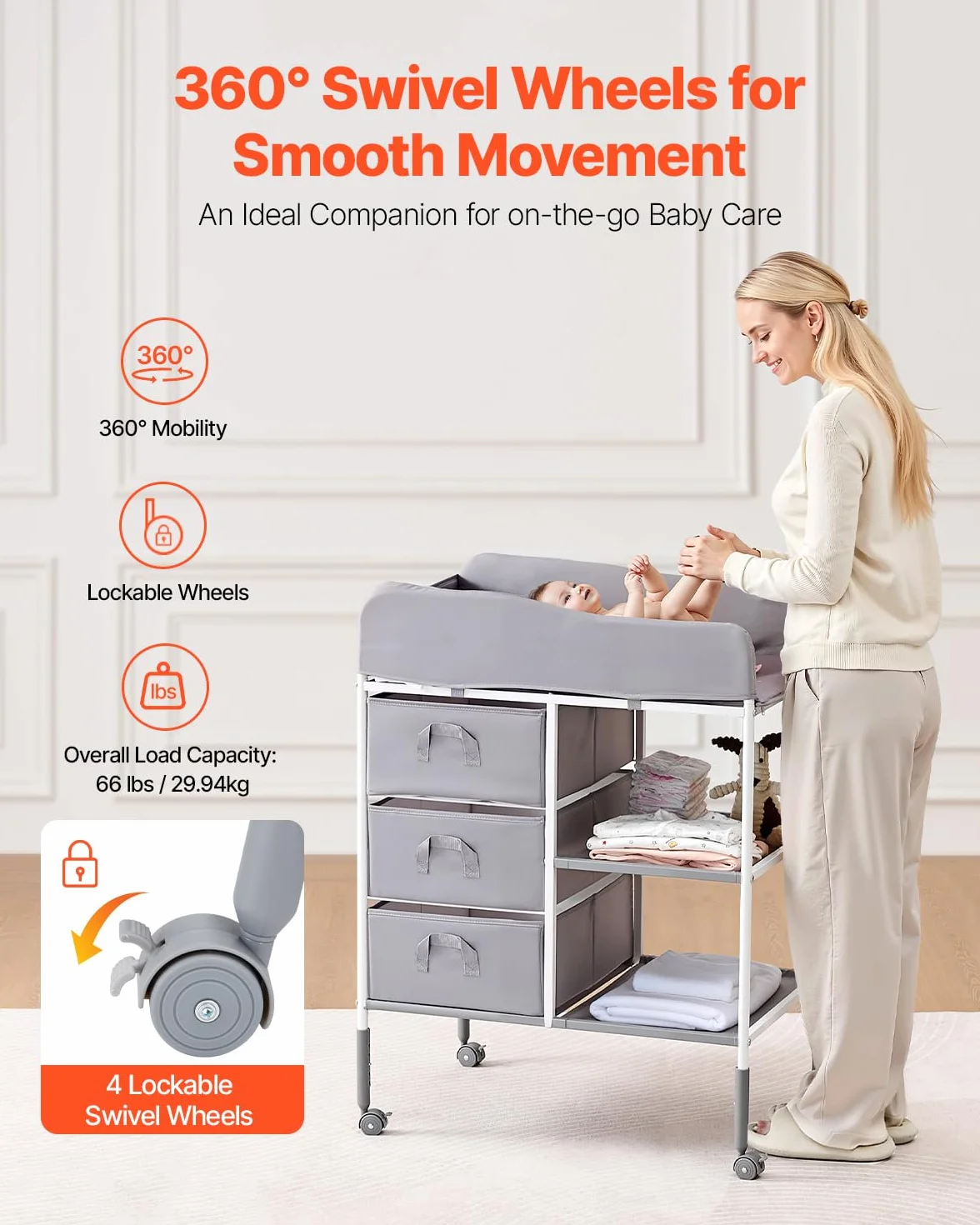VEVOR Table à Langer Portable avec 3 Tiroirs en Tissu et Roulettes Verrouillables, Meuble pour Bébés Multifonctionnel, Hauteur Réglable, Gris