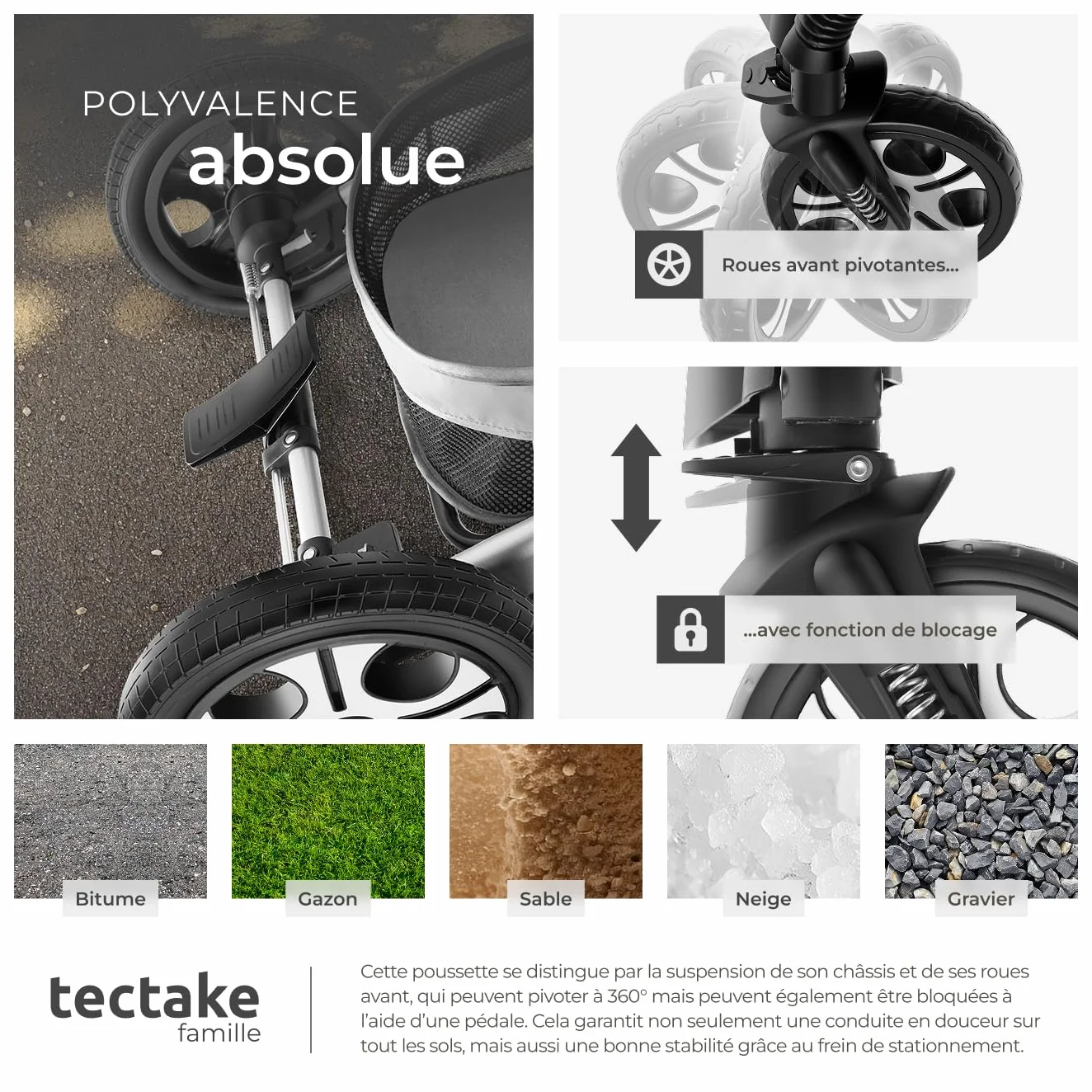 Tectake Poussette combinée pliable 0-36 mois nacelle siège sport harnais 5 points compacte voyage