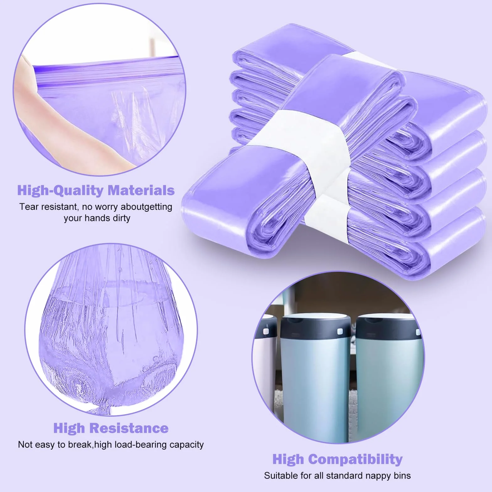 Sac Poubelle Couche Grande Capacité 12 Recharge, Résistant Anti-Odeur, Compatible Seaux à Couches (Violet)