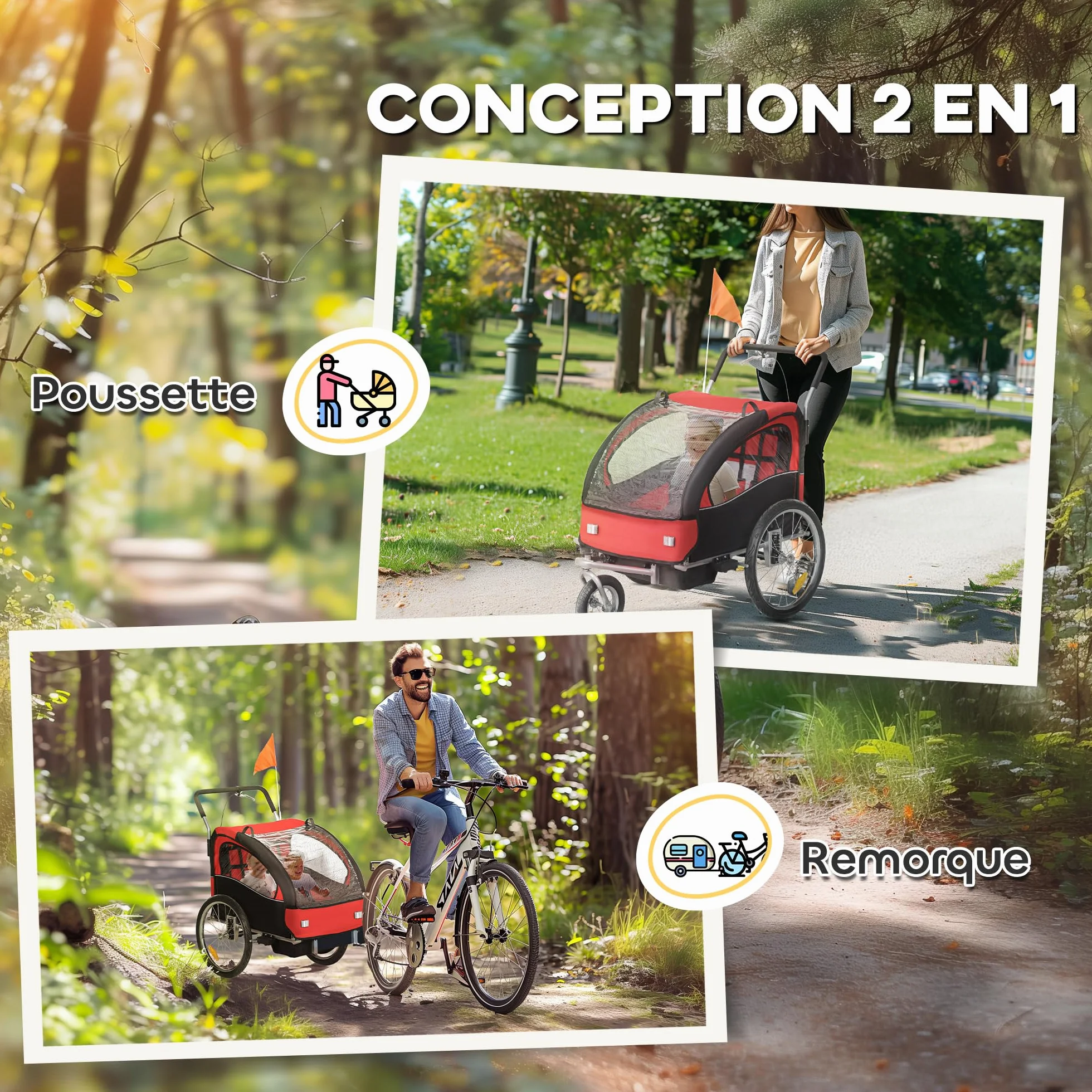 HOMCOM Remorque Velo Enfant 2 en 1 Poussette vélo bébé 2 Places, Ceinture Sécurité 5 Points, Charge 40 Kg
