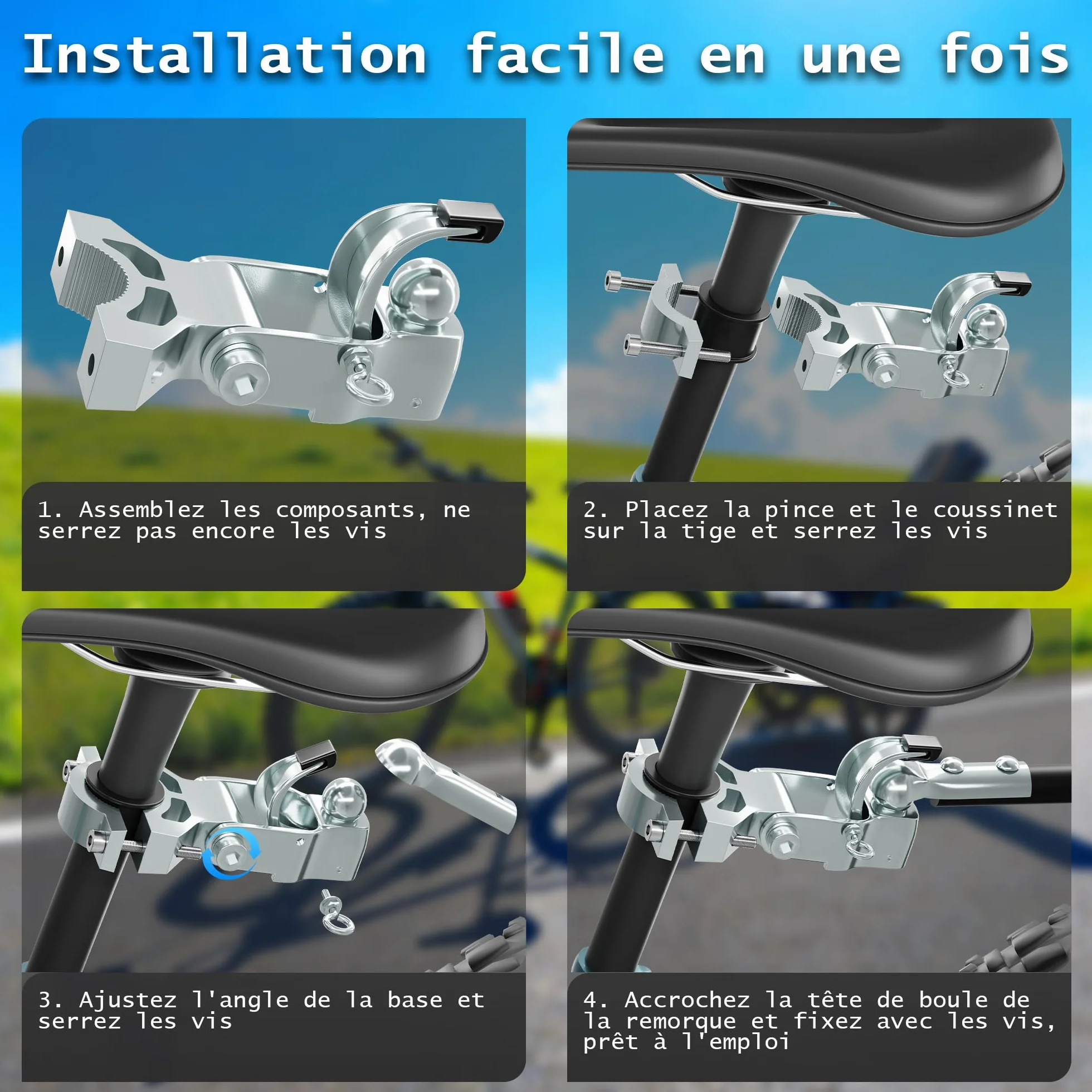 Robuste Attelage de Remorque de Vélo en Acier Galvanisé pour Tige de Selle 26-33 mm