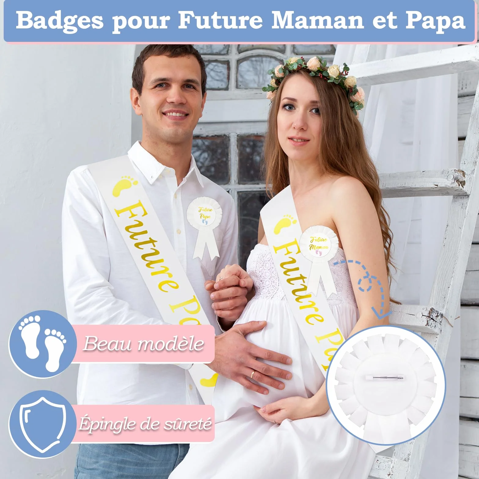 Écharpe Future Maman et Papa avec Épingle, Décoration Baby Shower Cadeau pour Futurs Parents