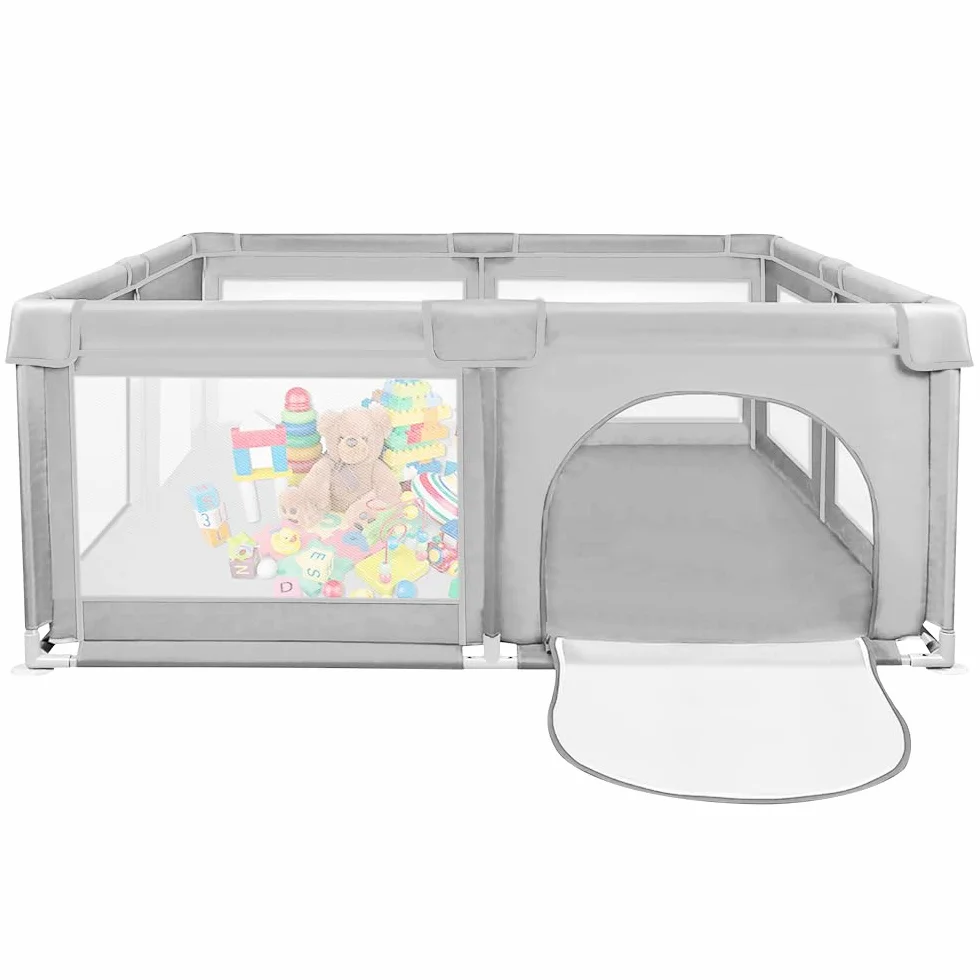 Parc Bébé avec 4 Ventouses et Porte Zippée, Clôture Bébé Tissu Oxford Gris clair 120x120x66cm