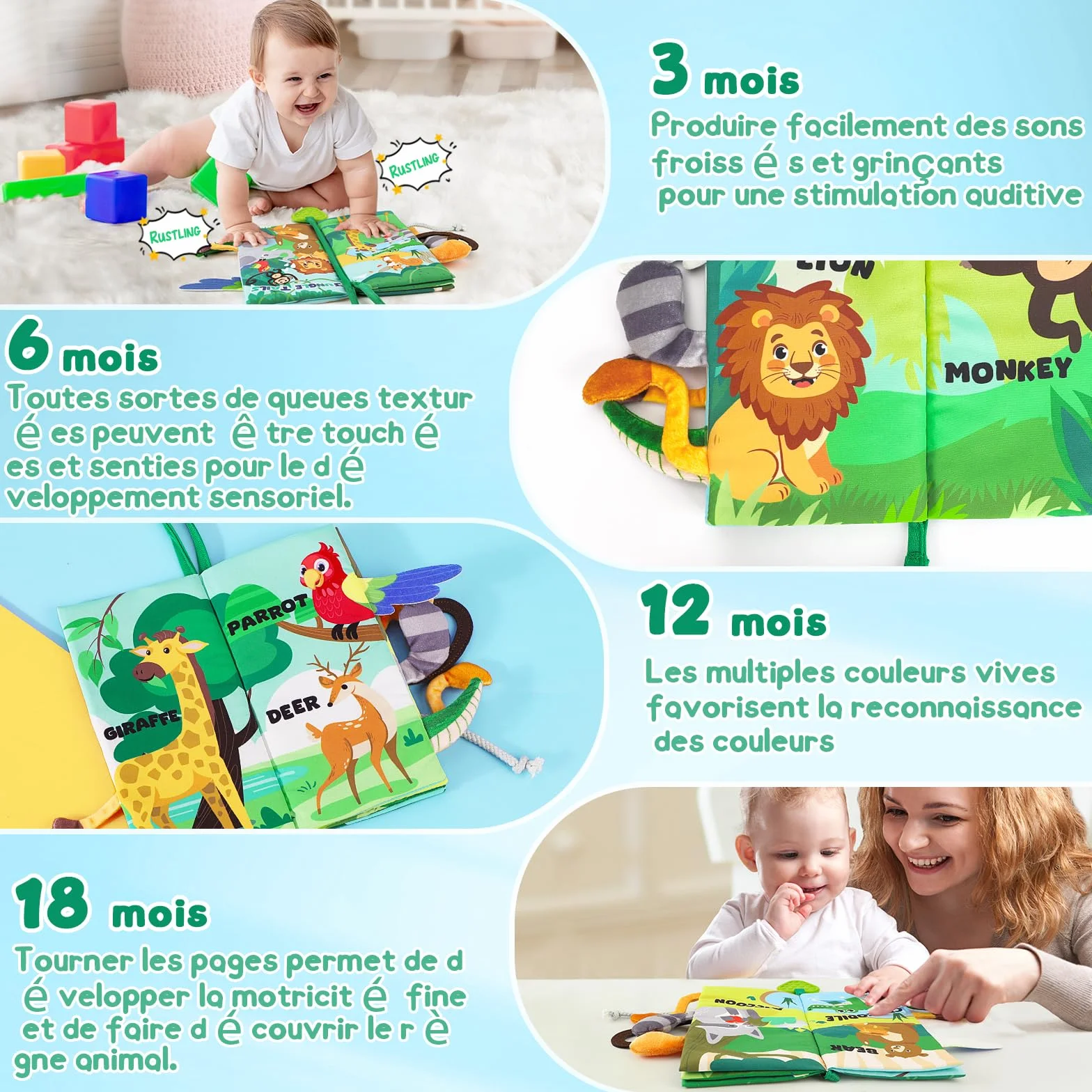 Livre bébé 0-12 Mois en Tissu Montessori Animaux 3D avec Anneau Dentition, Jouet d'éveil sensoriel Tummy Time Lavable