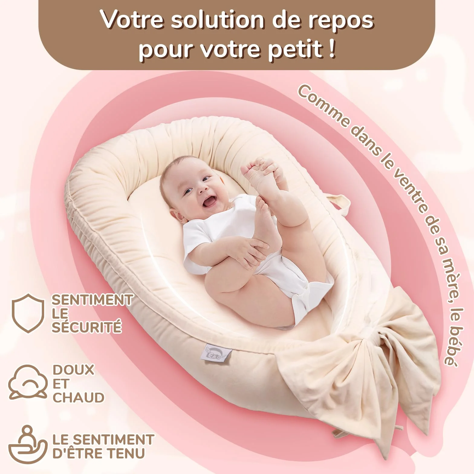 EAQ Couffin de Voyage Bébé 100% Coton Nid Cocoon Lit Nouveau-né, Amovible Lavable