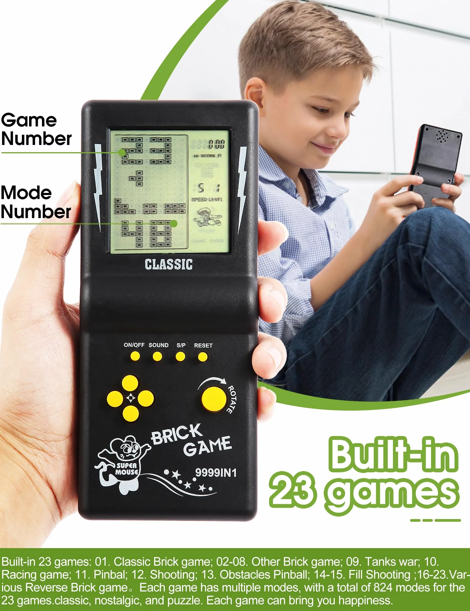 Console de Jeu Brique 3,5 Pouces Grand écran 23 Jeux Classiques Puzzle Nostalgique (Noir)