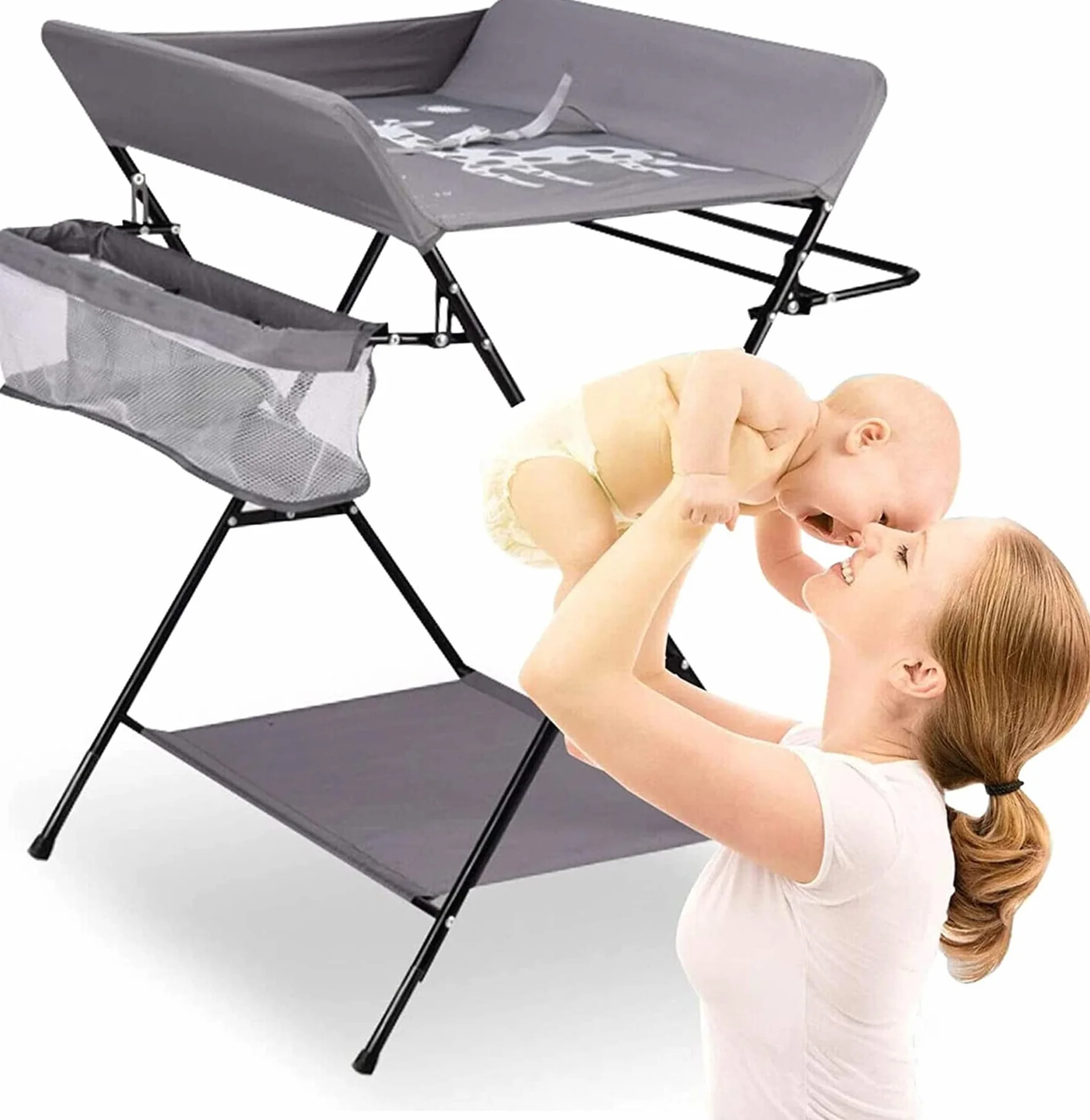 Table à Langer Pliante avec Panier de Rangement, Structure en Fer, Charge Max 25kg, 80x66x98cm, Gris