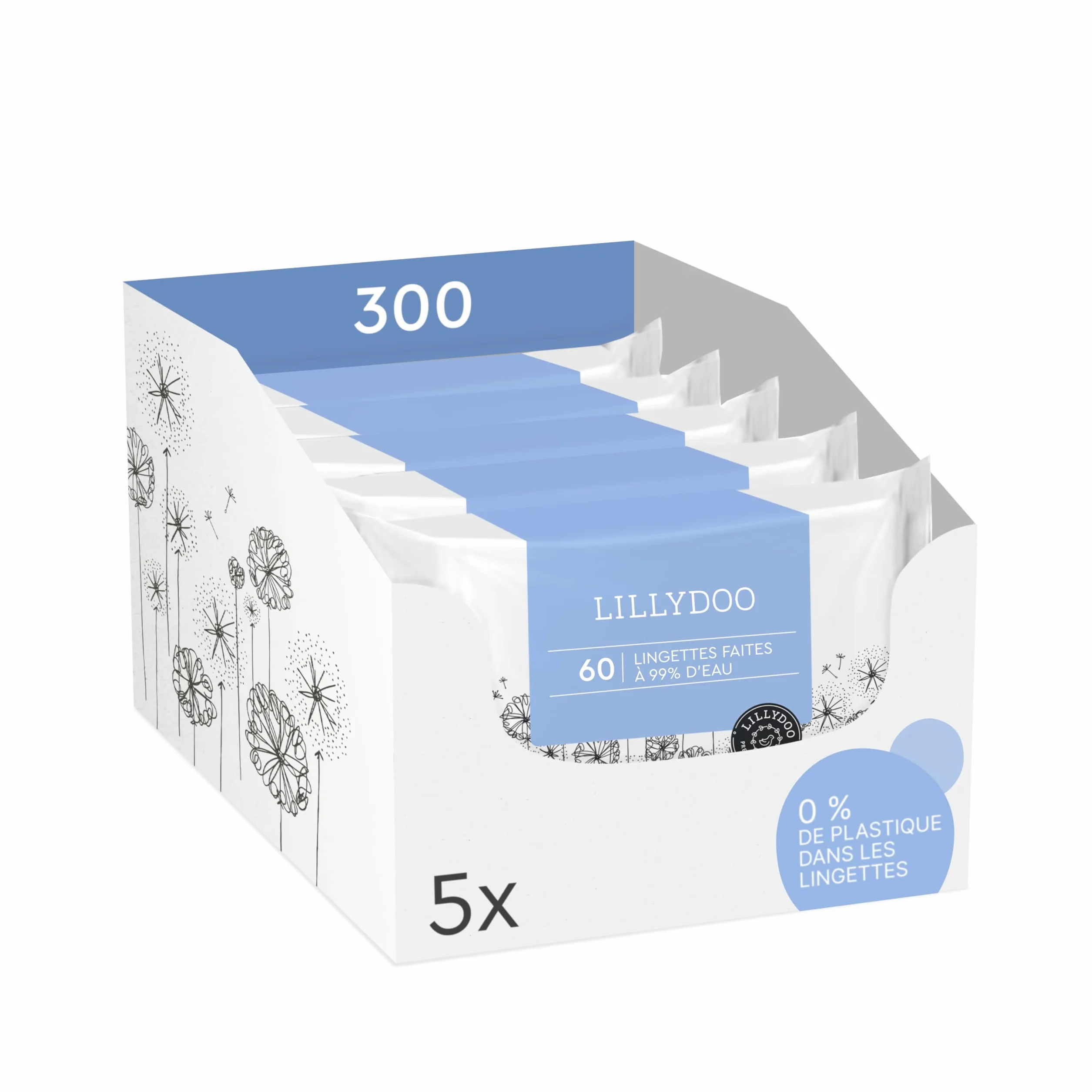 Lingettes LILLYDOO bébé 99% eau Lot 5 x 60 300 pièces sans plastique sans parfum doux coton