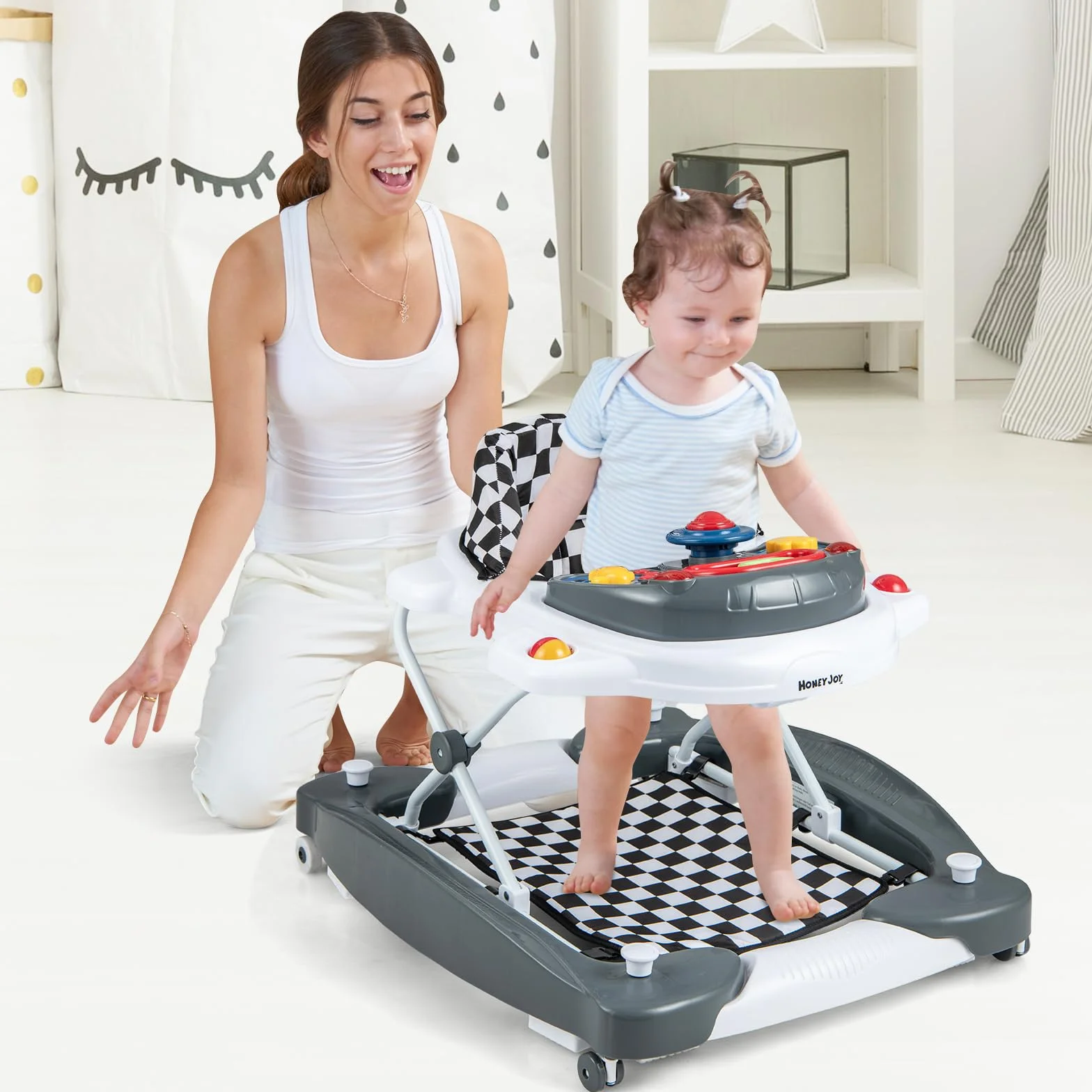 GOPLUS Trotteur Bébé Évolutif 6 en 1, Pliable avec 3 Hauteurs Réglables, Lumières, Musique, Charge 12KG, pour 6+ Mois, Gris