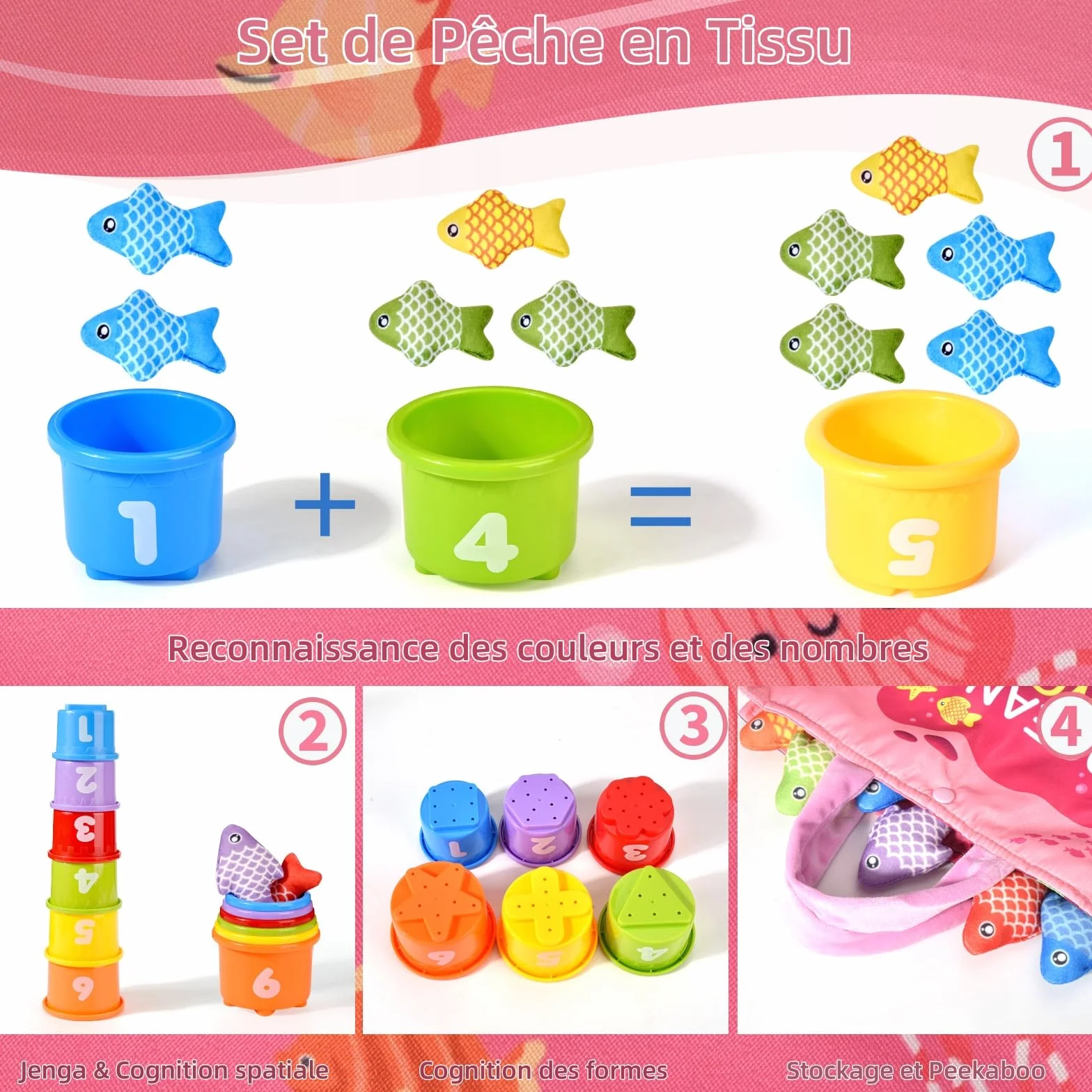 Jouet Montessori Pêche à la Ligne pour Enfant 1 2 3 Ans, Apprendre les Couleurs, Cadeau Fille Garçon 6-18 Mois