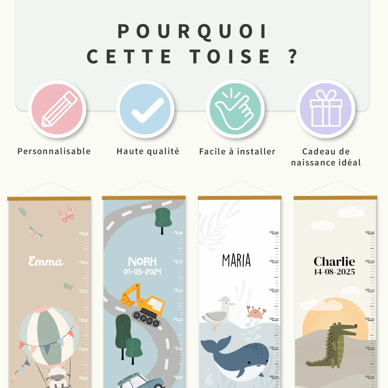 Bienmarquer Toise Murale Personnalisée Bébé Enfant Croissance Prénom Règle Hauteur Mesurer Taille Mer