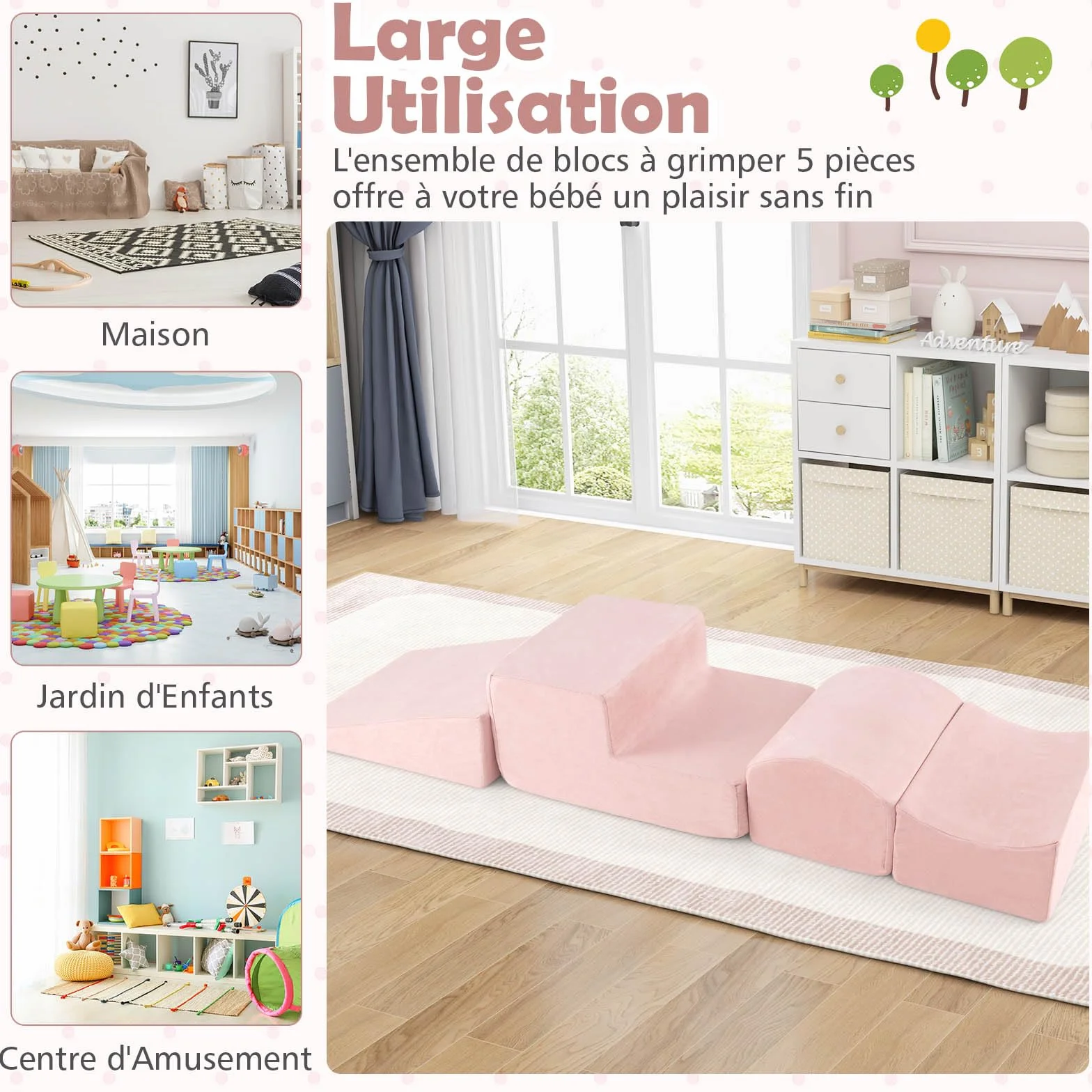DREAMADE Parcours de motricité Bébé 5PCS avec Housse Lavable, Blocs de Construction avec Piscine à Balles, pour Enfant 3+ Ans (Rose)