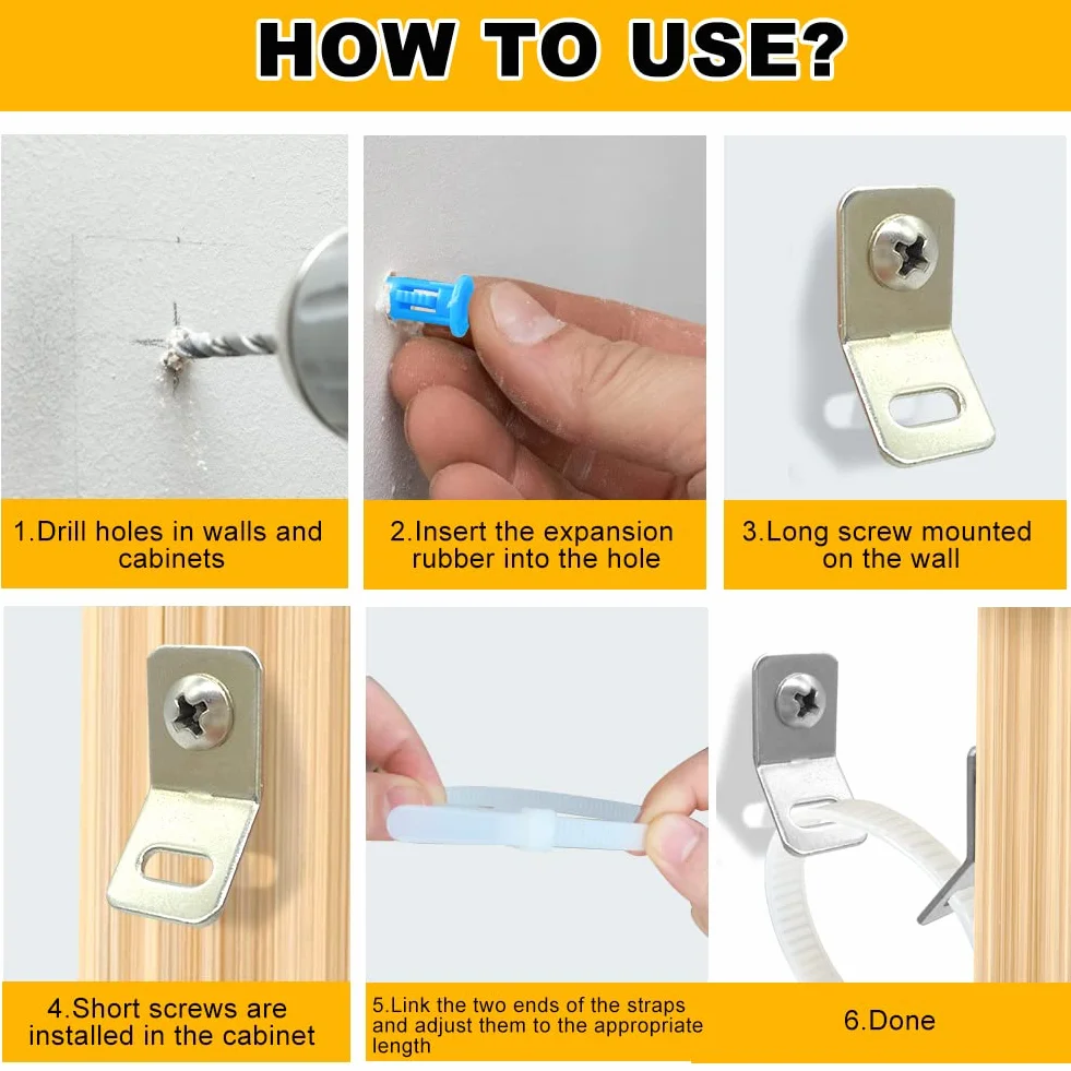 Kit de Protection Anti-basculement pour Meubles, 6 Sangles de Sécurité avec Ancrages Muraux