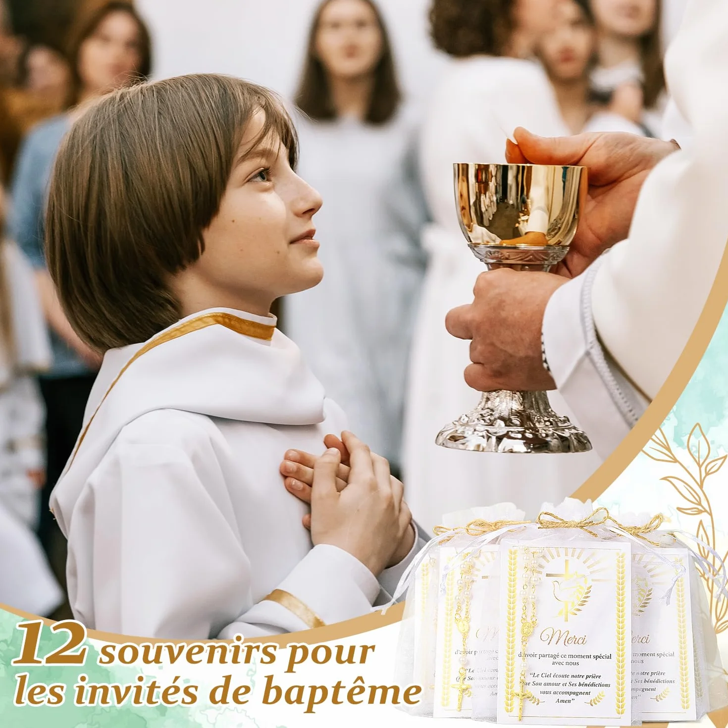 Chapelet en Acrylique Lot 12 Perles Carte Merci Sac Organza Cadeau Baptême Communion Mariage