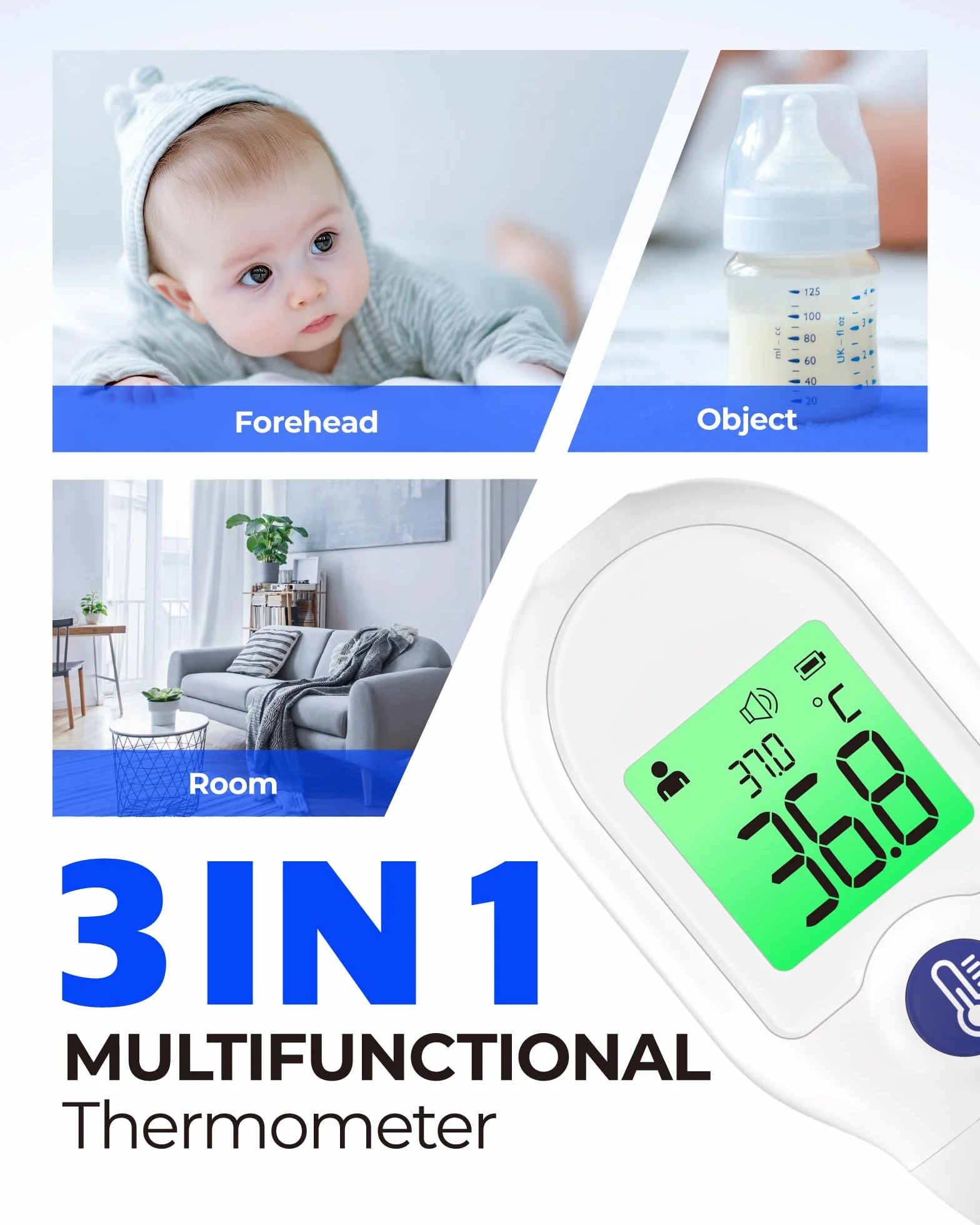 Thermomètre Frontal Bébé Sans Contact Mesure Instantanée Multifonction 3 en 1