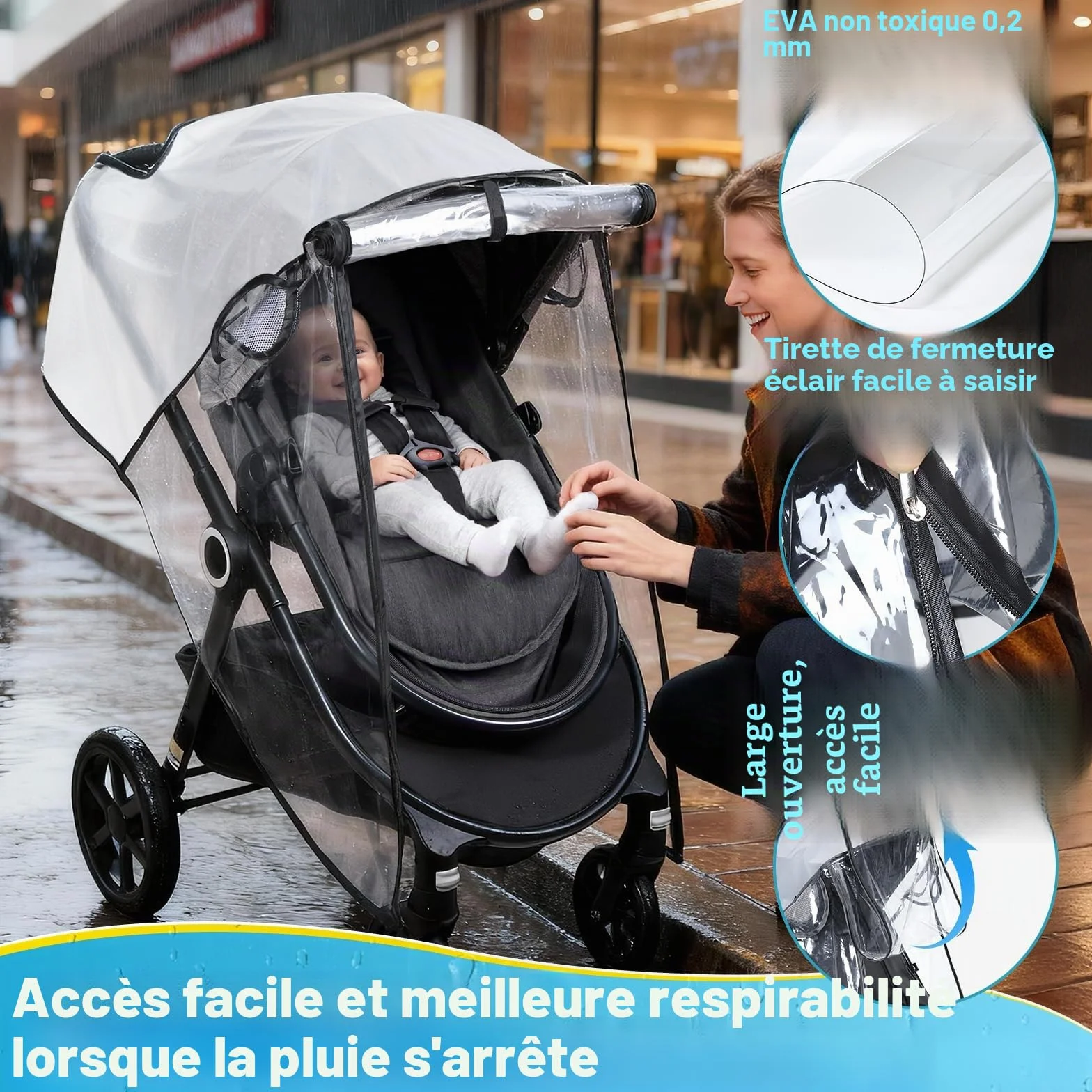Habillage Pluie Universelle pour Poussette, Protection Pluie Transparente EVA avec Porte Enroulable