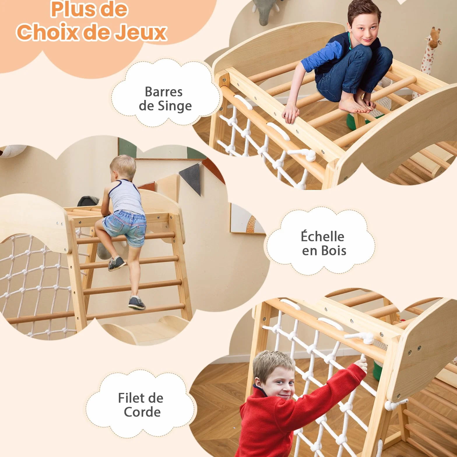 GOPLUS Triangle d'Escalade Montessori 4 en 1 avec Toboggan et Filet, Charge 50KG pour Enfants 1 an+
