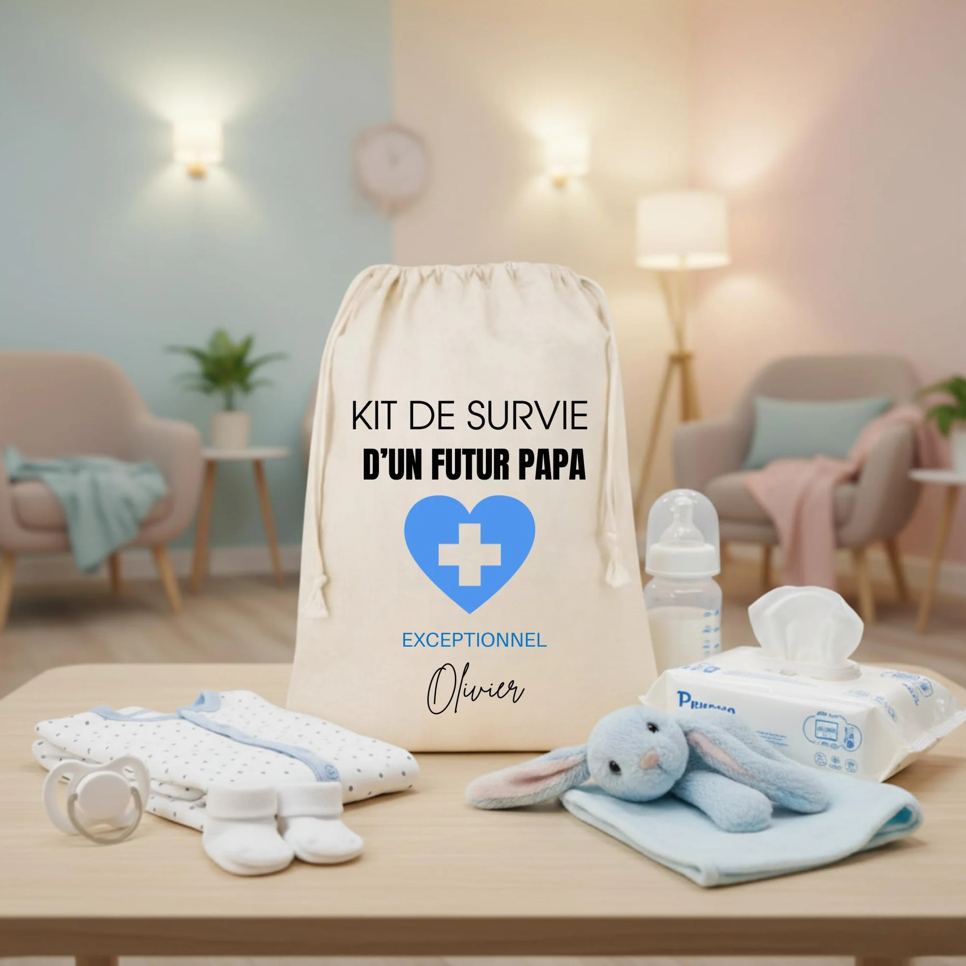 Kit de Survie Futur Papa Personnalisé avec prénom, Pochon Cadeau 34 x 23 cm