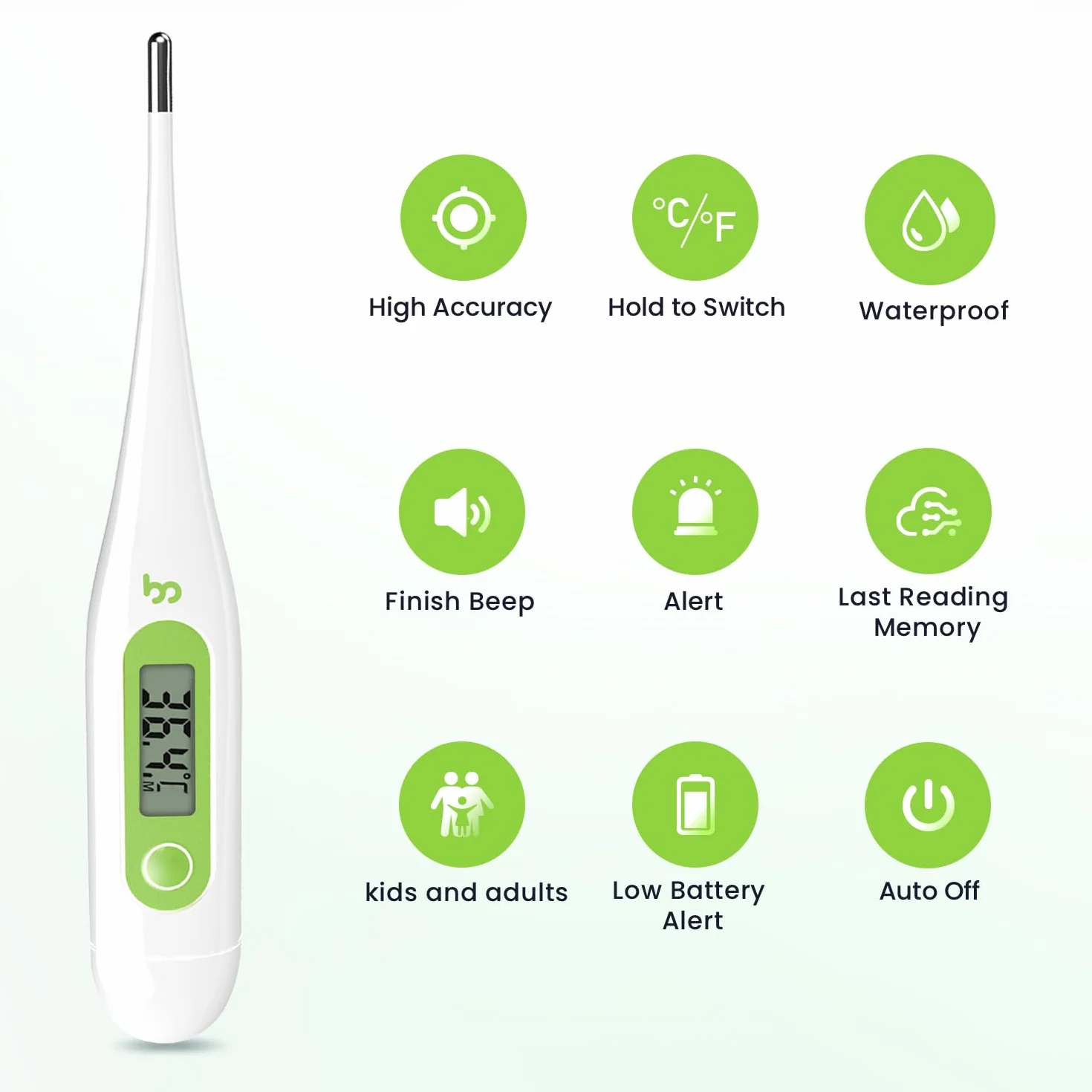 Thermomètre Numérique Médical pour Bébé et Adultes, Rapide et Précis, Commutable ℃/℉, Vert