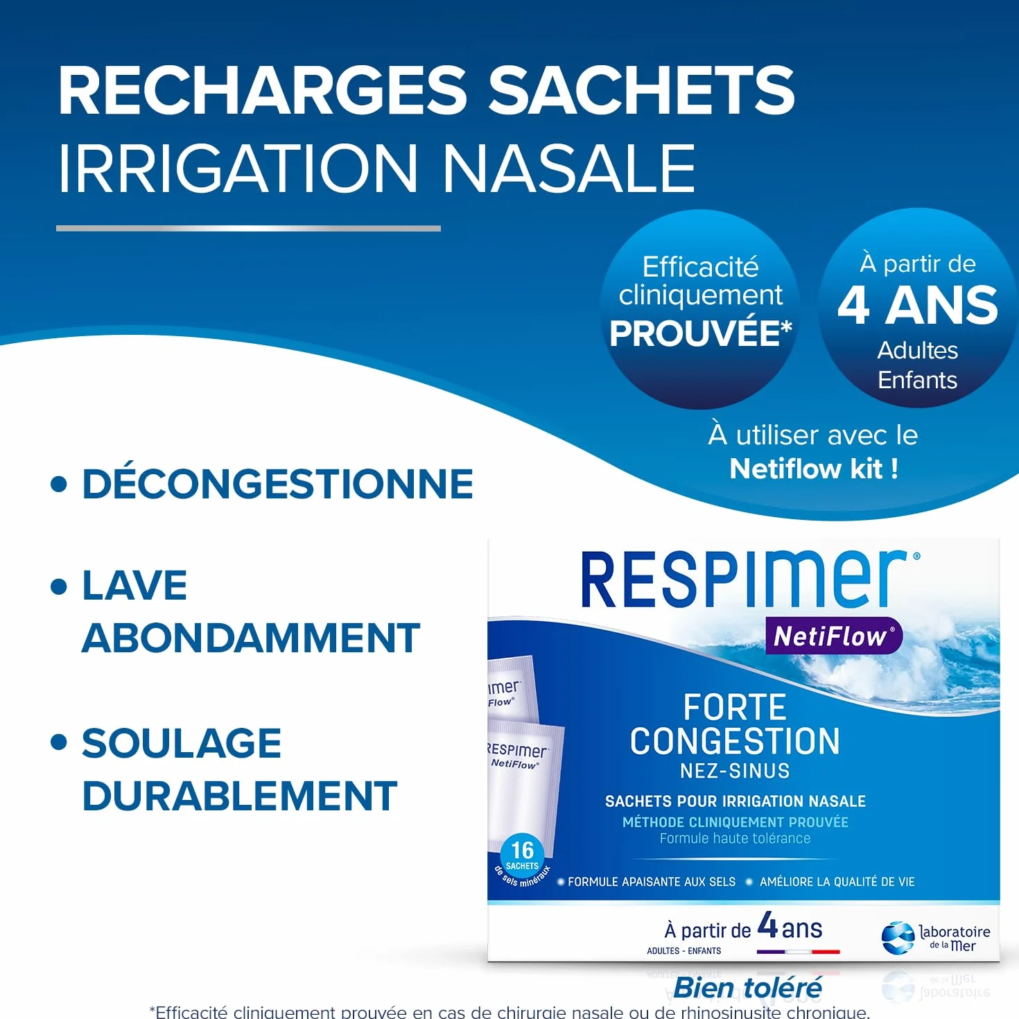RESPIMER NetiFlow 16 Sachets Sels Minéraux Lavage Nez Recharge Irrigation Nasale Rhinites Rhinosinusites