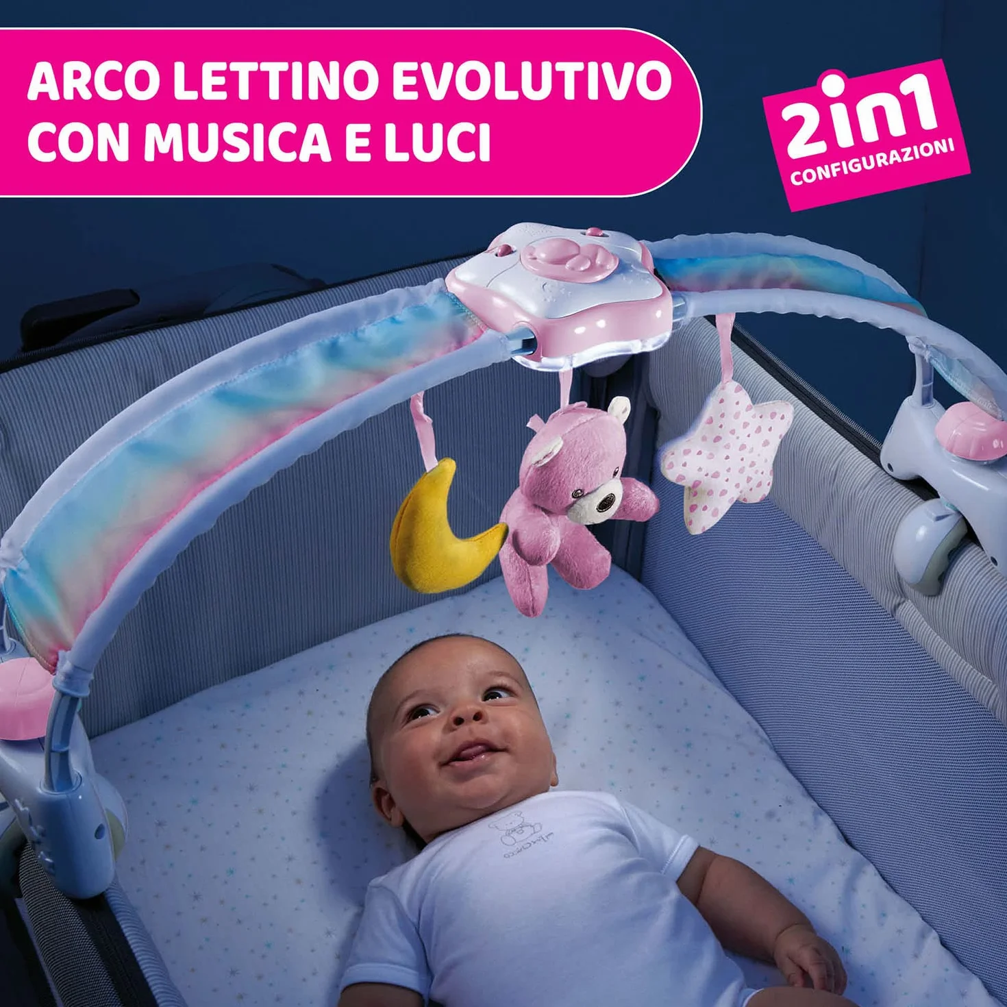 Chicco Arche Arc en Ciel Jeu de Développement 2 en 1 Compatible Lit Next2Me Panneau Berceau Veilleuse Musique Pendentifs Jouet Bébé 0+ Mois Rose