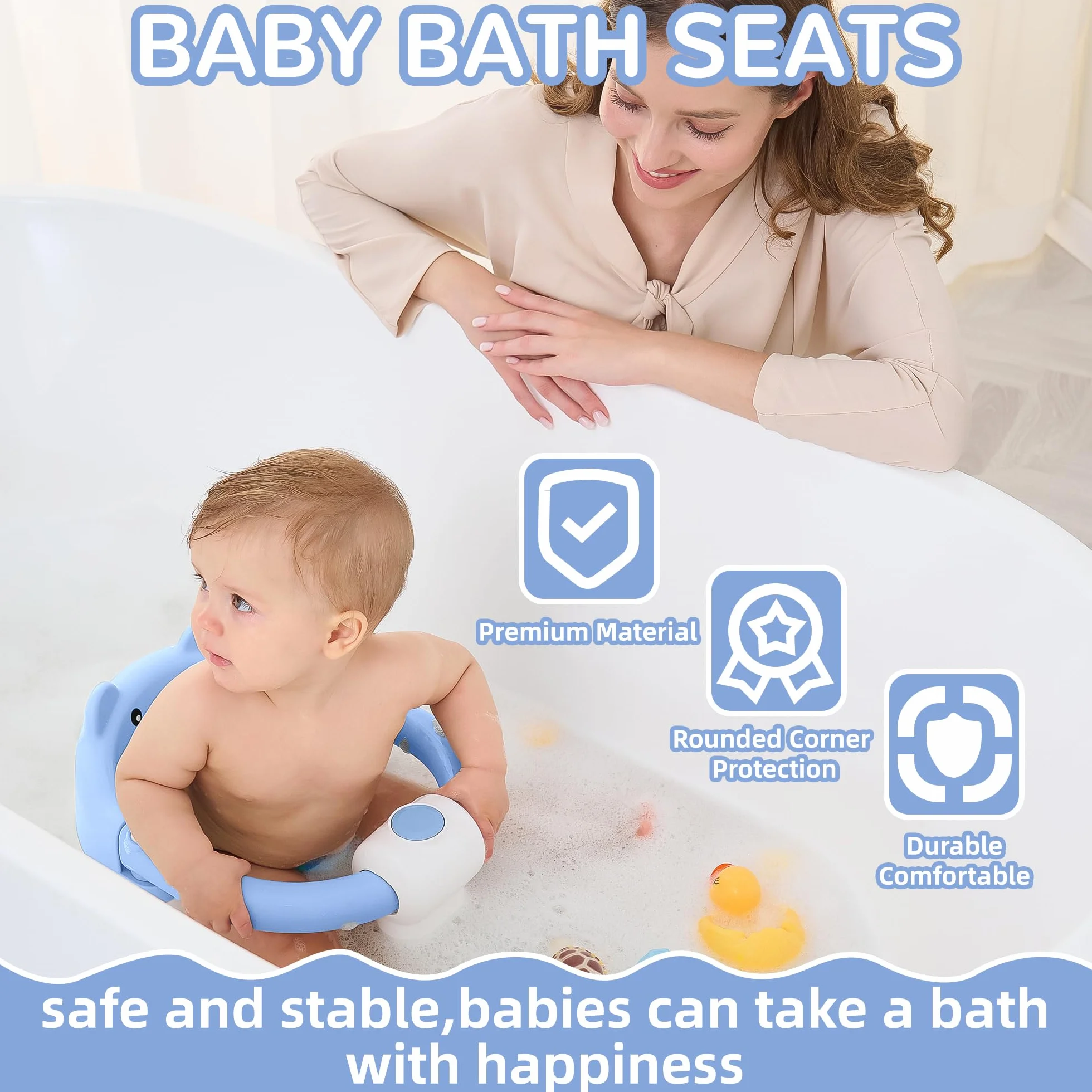Siège de Bain Bébé 6 Mois Antidérapant 4 Ventouses Coussin Bleu