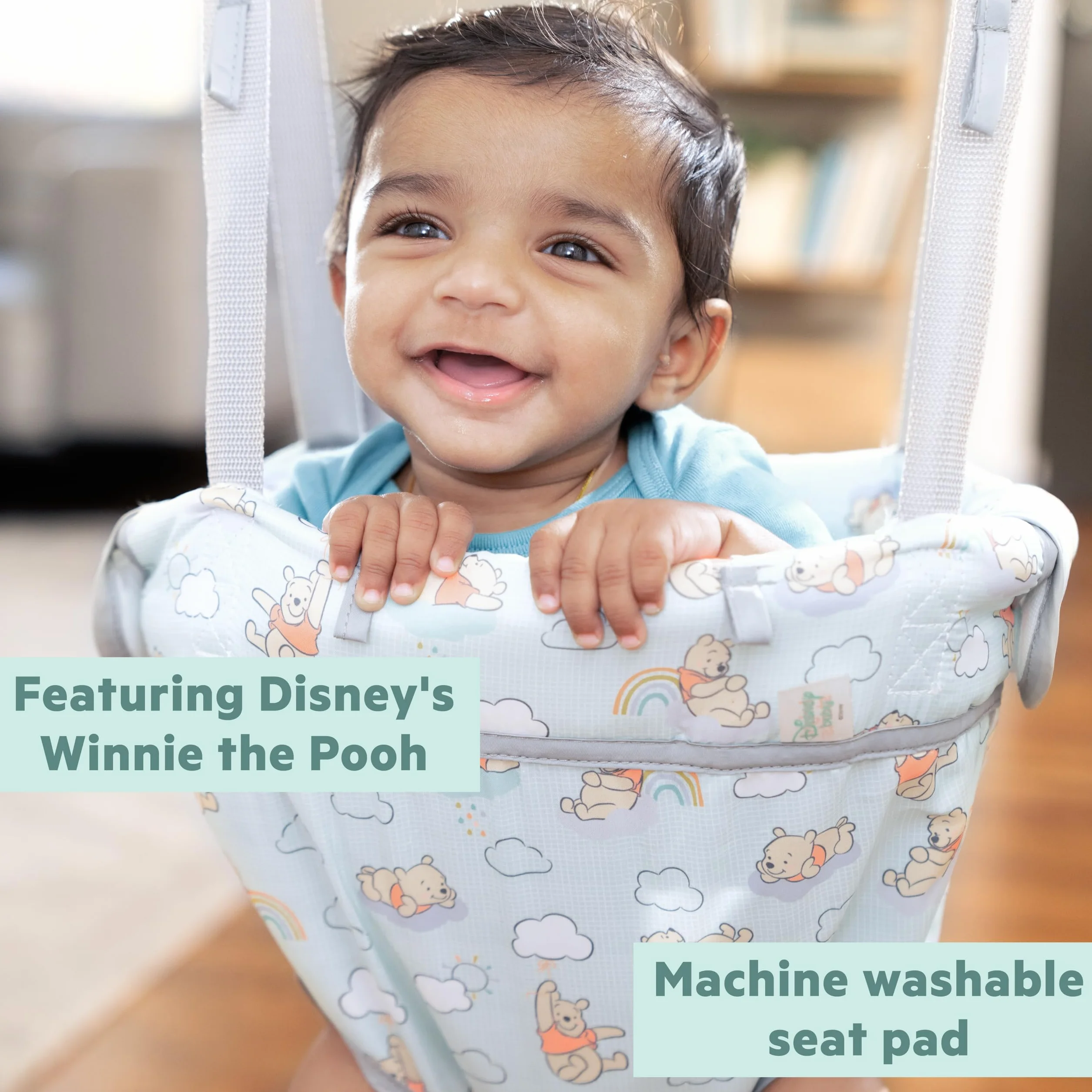 Bright Starts Sauteur de Porte Bébé Disney Winnie l'Ourson, Siège Suspendu Réglable, Hauteur Ajustable, Fixation Sans Outils, Léger & Portable, 4-12 kg