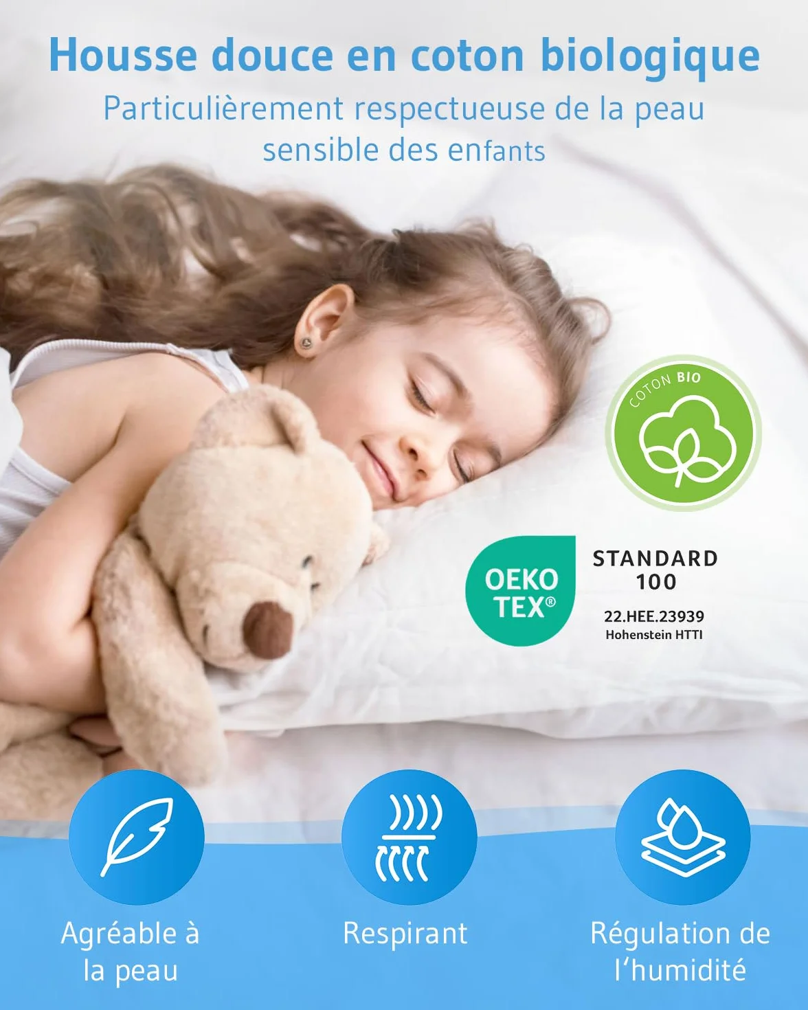 Oreiller pour Enfant 40x60 Oeko-TEX® Hauteur réglable Coussin Durable Housse en Coton Bio Lavable en Machine