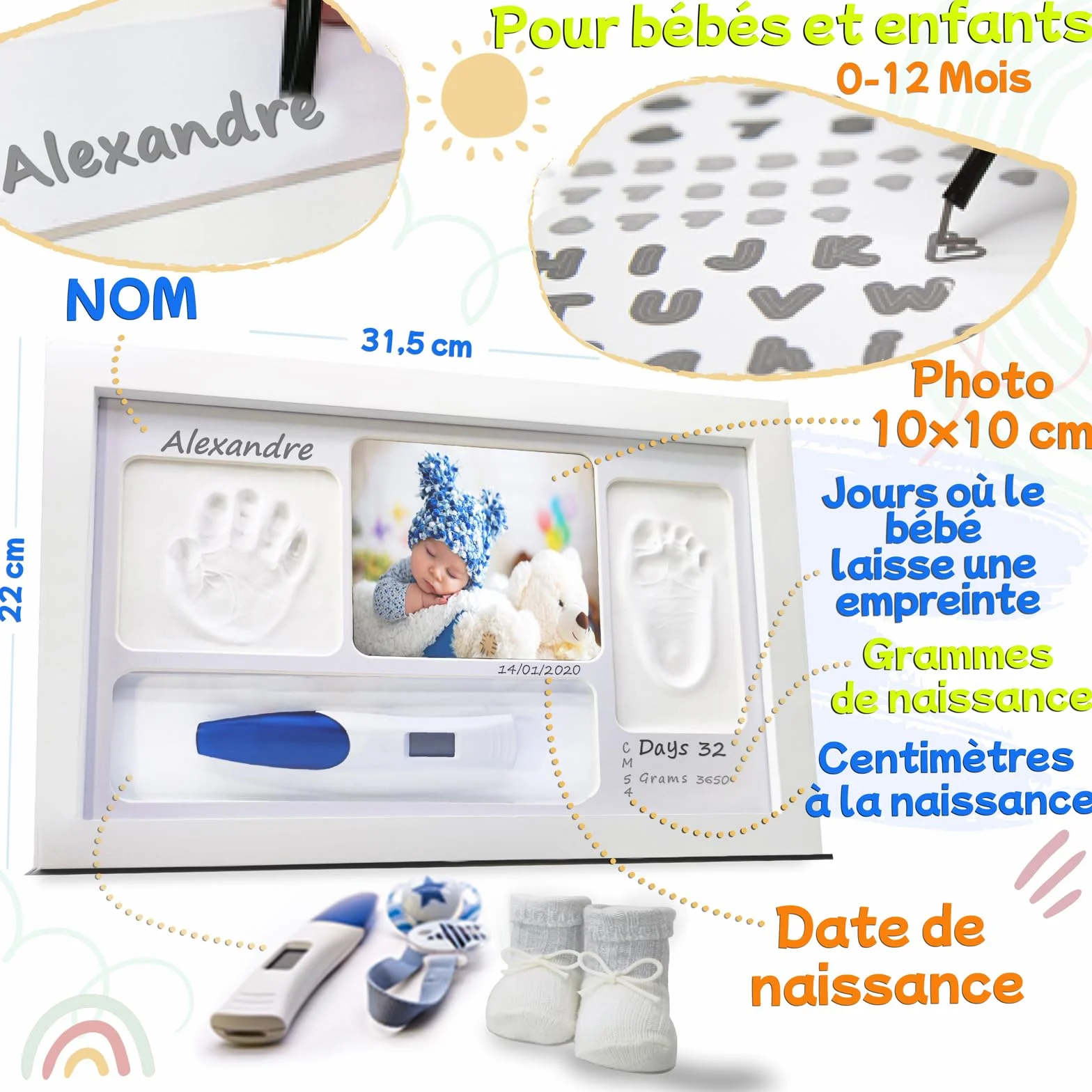 Cadre Empreinte Main Pied Bebe Personnalisable Avec NOM Kit Cadeau Naissance Garcon