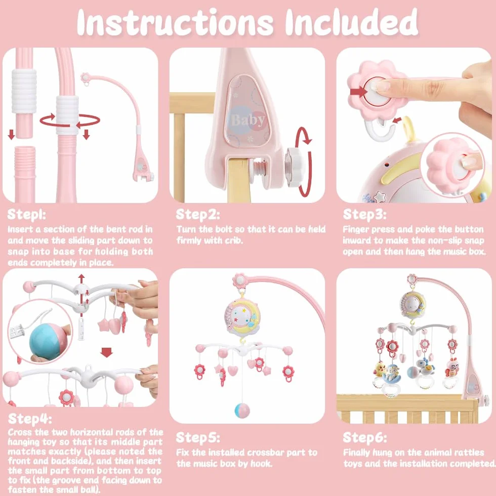 Berceau de musique pour bébé avec projecteur et lumières, mobile suspendu tournant, boîte à musique 150 mélodies, rose