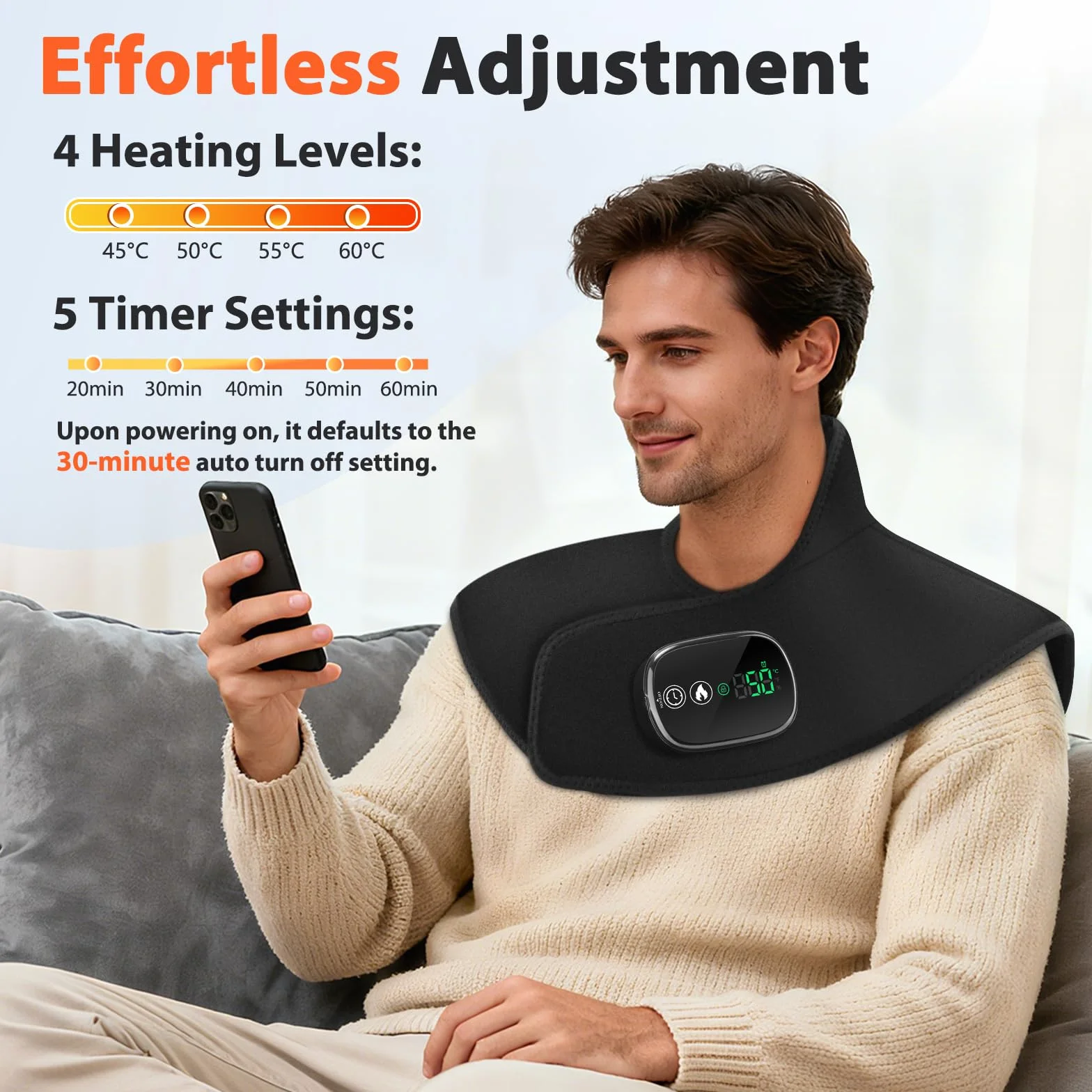 Coussin Chauffant Sans Fil Cou Épaules, Chauffage Portable Commande Tactile, 4 Niveaux Chaleur 5 Minuteries, Batterie 8,4V 4000mAh