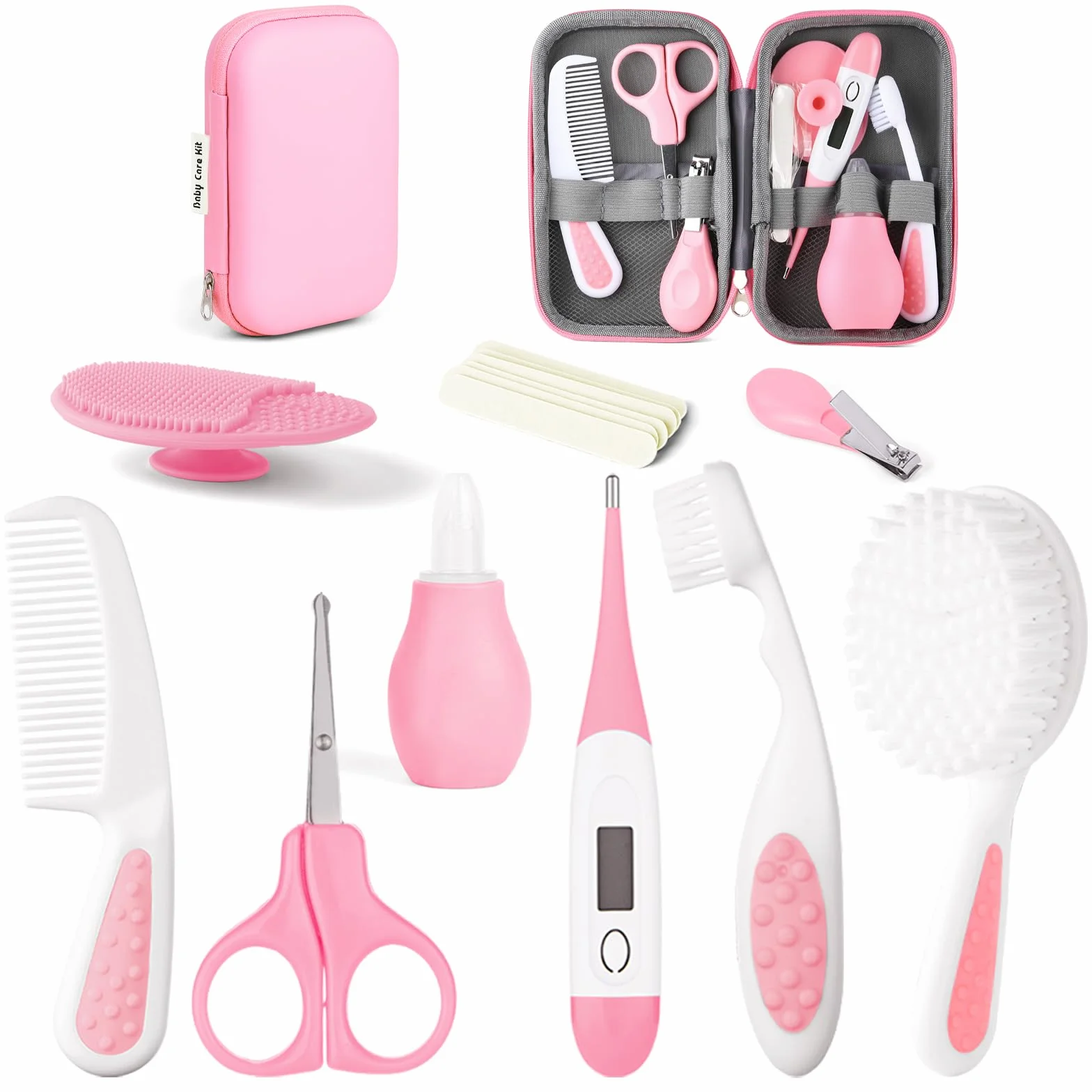 Flintronic Trousse de Soin Bébé 14 Pièces, Trousse de Toilette Compacte avec Brosse à Cheveux et Pince à Ongles
