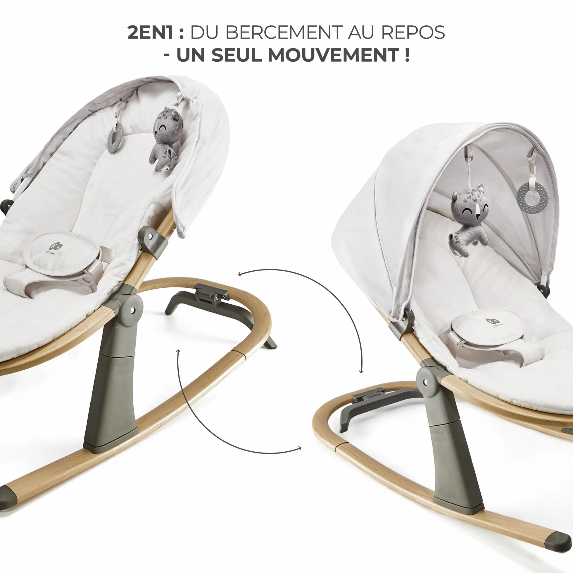 Kinderkraft ELSU Transat Bébé 2en1 évolutif 0-9kg Balancelle Moustiquaire Jouets Pliable Gris