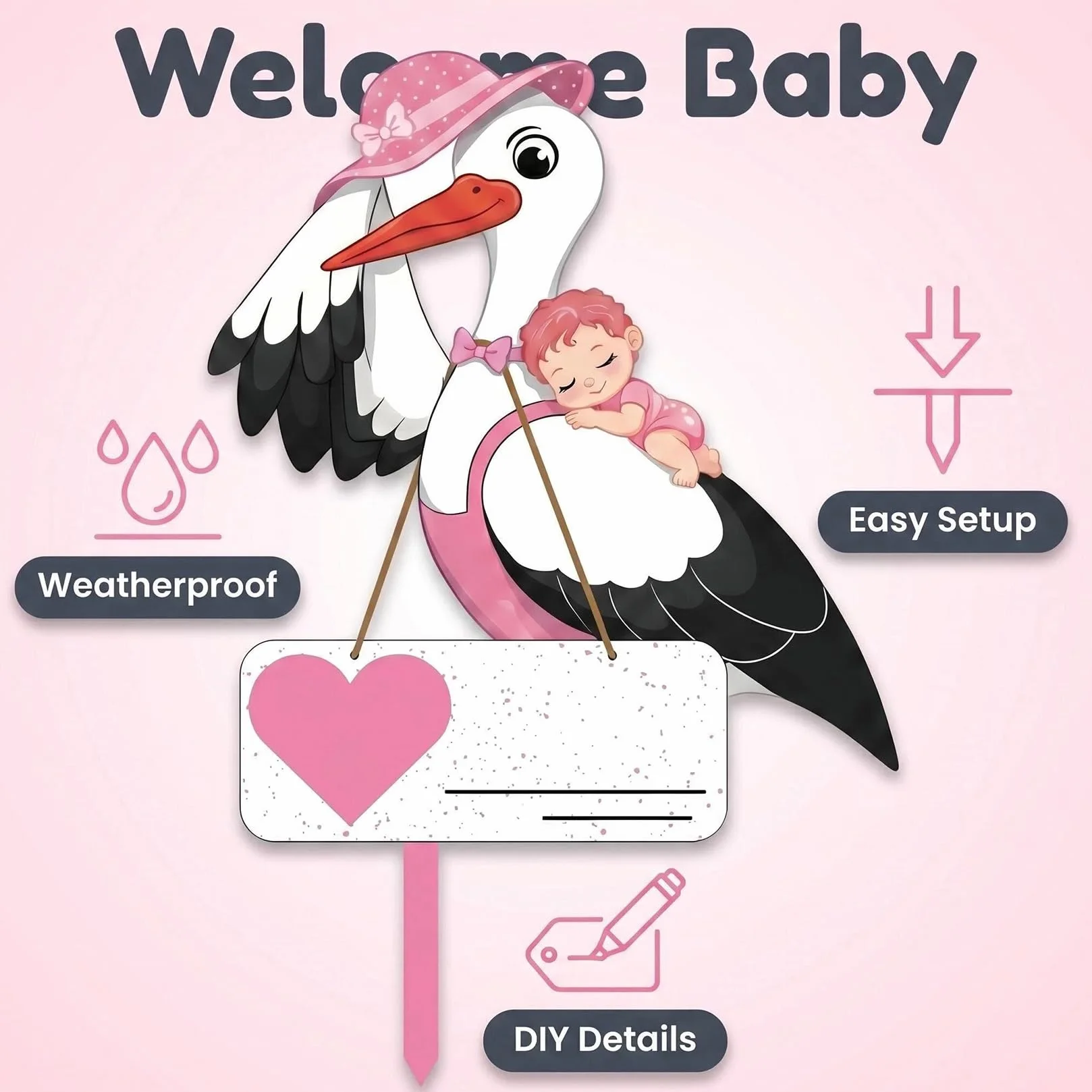 Cigogne à Clapette Naissance Bébé Imprimé Deux Faces Bâton Bois Plaque Nominative Intérieur Extérieur Cadeau (Rose)
