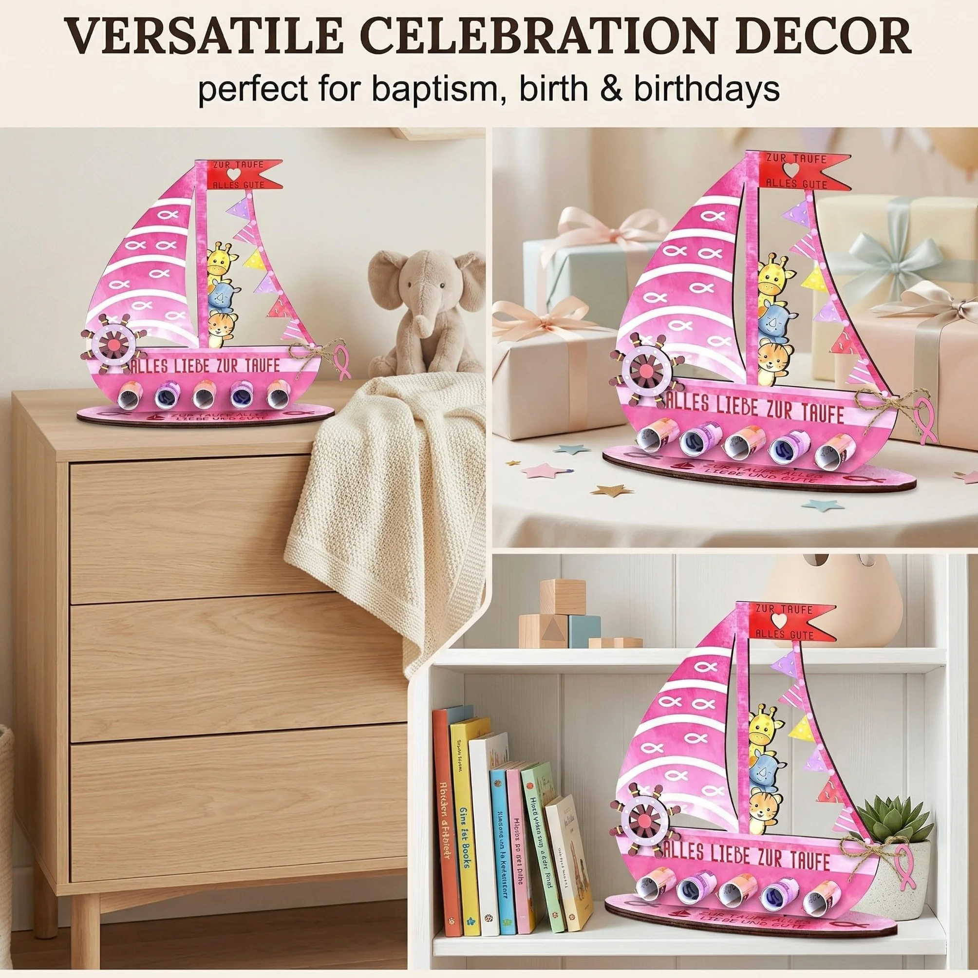 Cadeau Baptême Fille en Bois, Arche de Noé Rose, Souvenir Communion Anniversaire Baby Shower