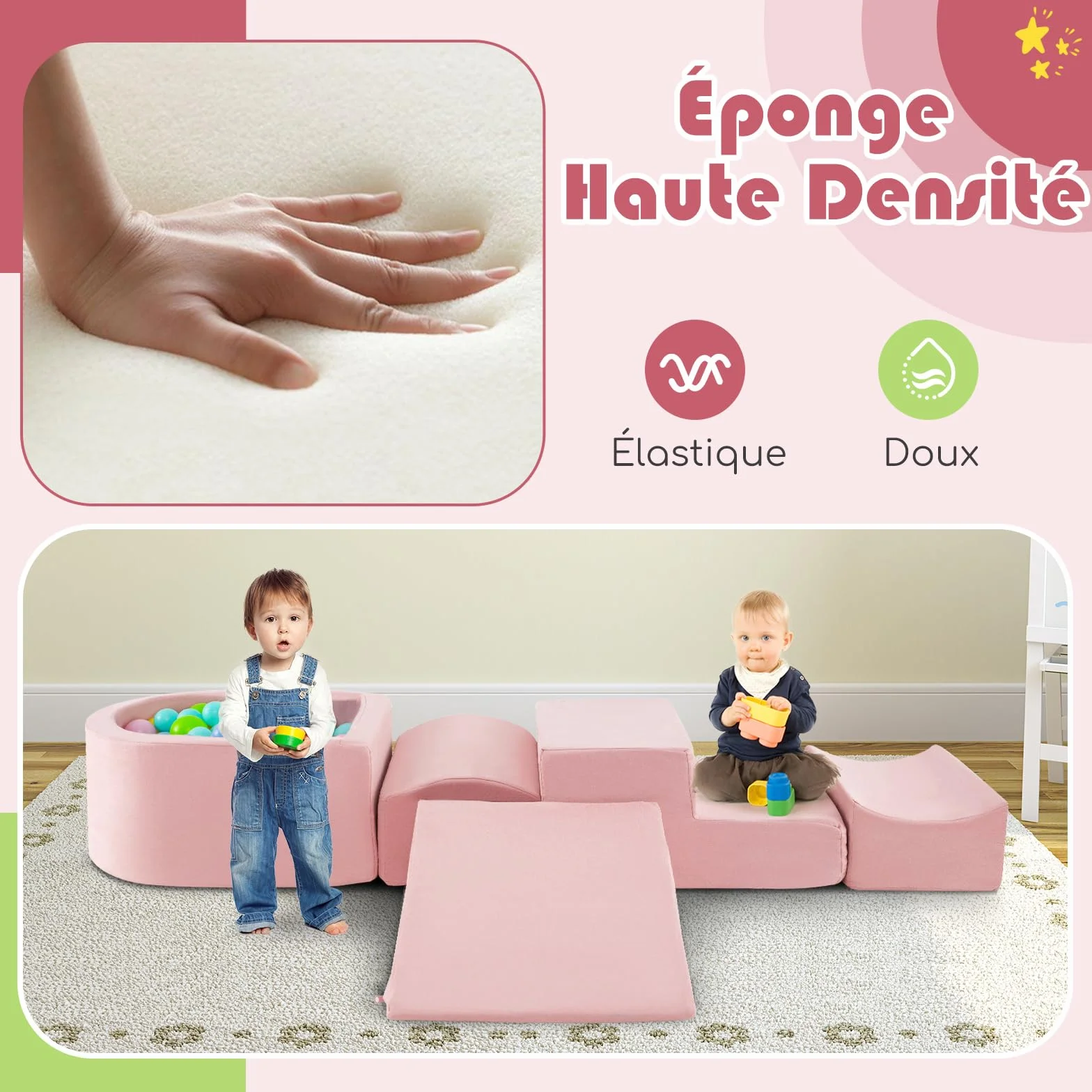 DREAMADE Parcours de motricité Bébé 5PCS avec Housse Lavable, Blocs de Construction avec Piscine à Balles, pour Enfant 3+ Ans (Rose)