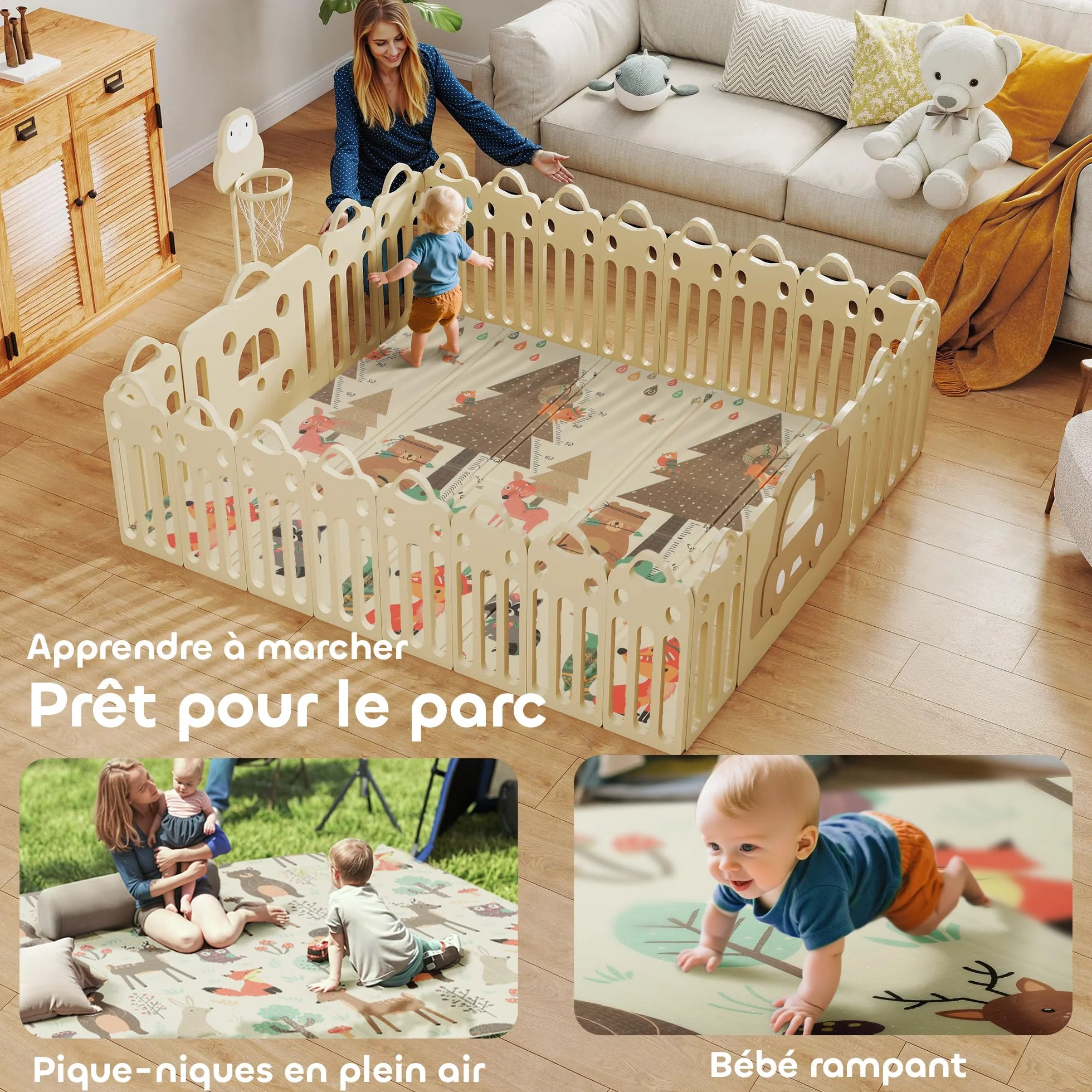 AIYAPLAY Tapis de jeu bébé pliable réversible 196 x 176 x 1,5 cm mousse épais antidérapant imperméable motif animaux