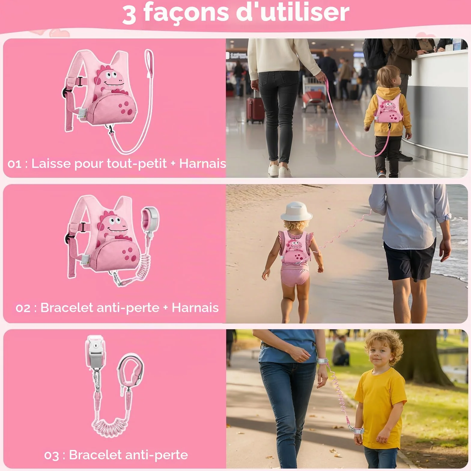 Dr.meter Laisse Enfant 3 en 1 Sac à Dos Anti-Perte Rotative 360° 1,2M Rose Dinosaure Sécurité Extérieur