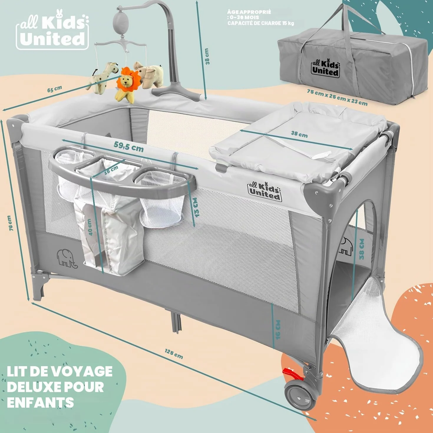 Lit de Voyage pour Bébé Deluxe all Kids United avec Matelas à Langer et Mobile Gris